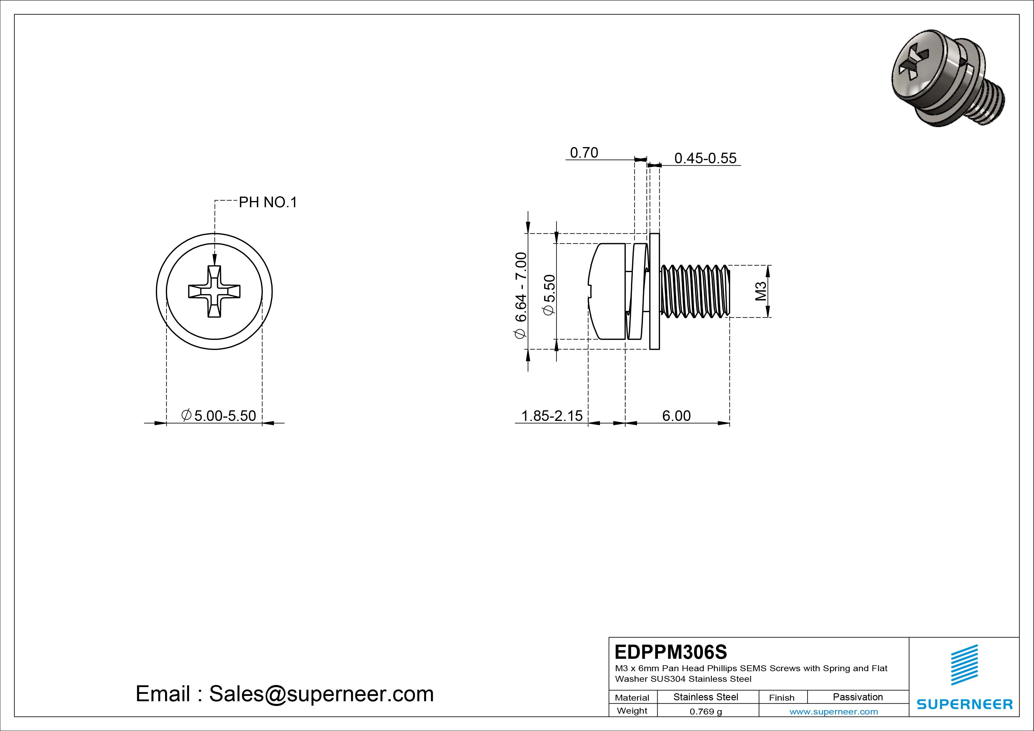 M3 x 6mm Pan Head Phillips SEMS Screws with Spring and Flat Washer SUS304 Stainless Steel Inox
