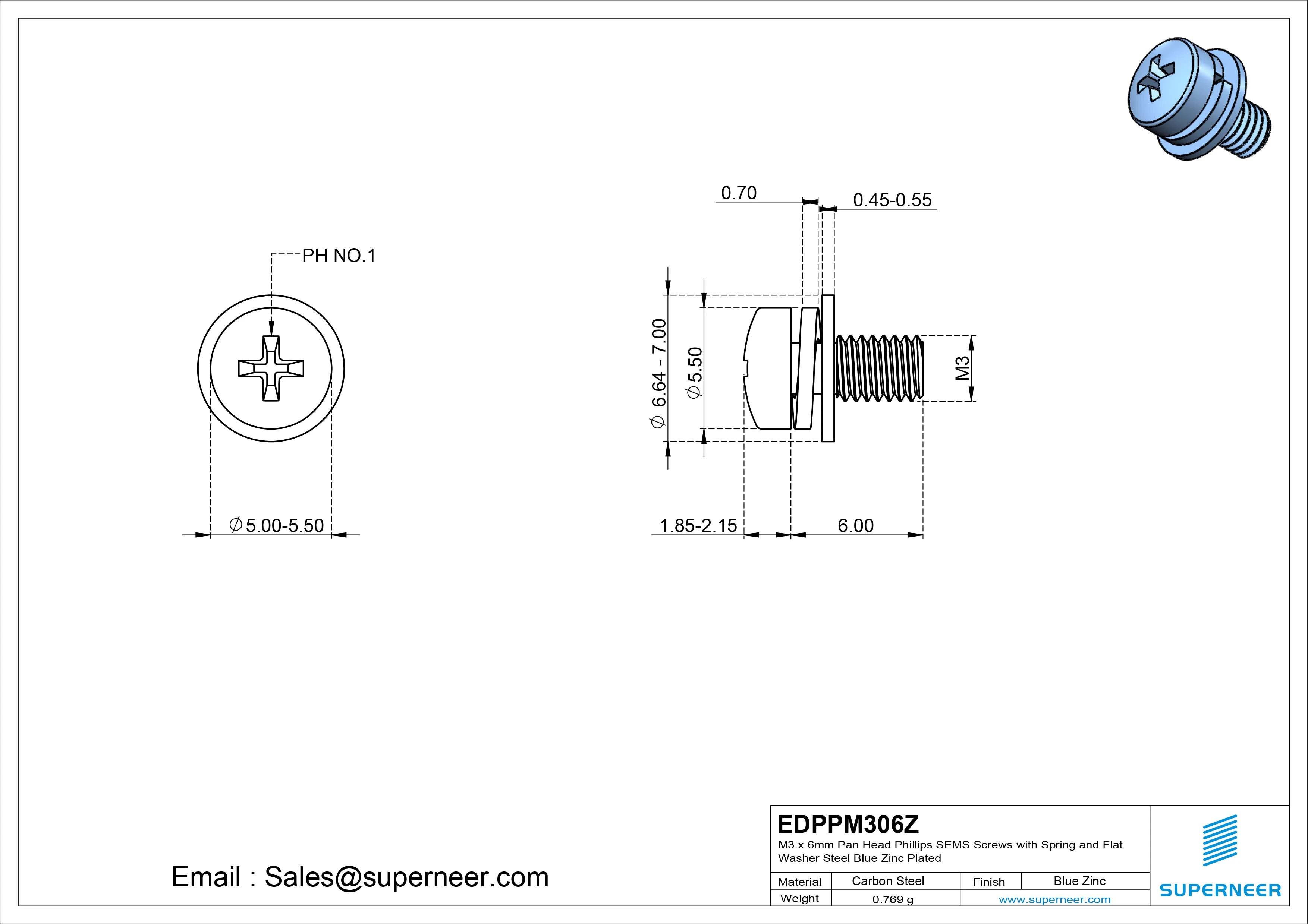 M3 x 6mm Pan Head Phillips SEMS Screws with Spring and Flat Washer Steel Blue Zinc Plated