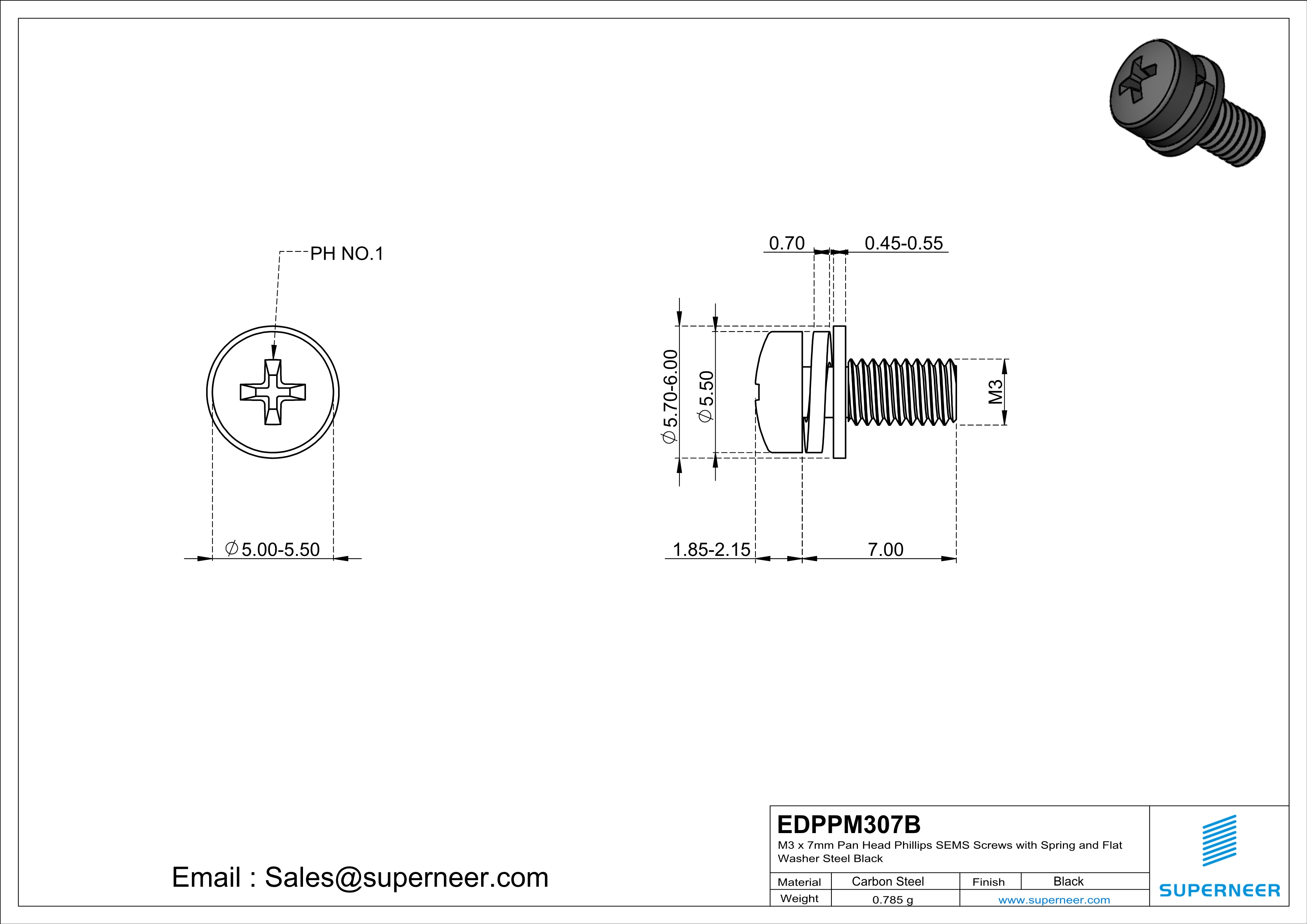 M3 x 7mm Pan Head Phillips SEMS Screws with Spring and Flat Washer Steel Black