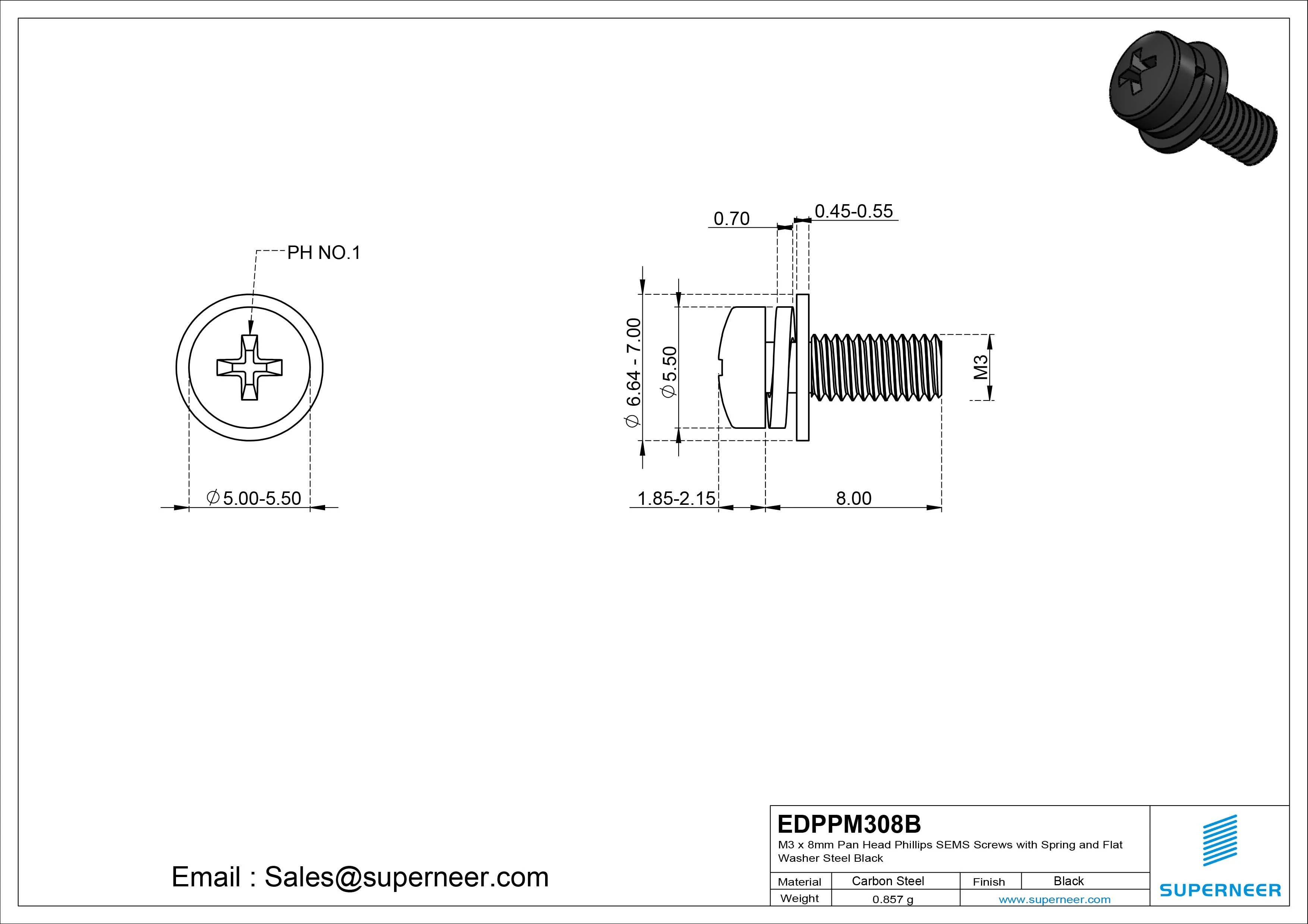 M3 x 8mm Pan Head Phillips SEMS Screws with Spring and Flat Washer Steel Black