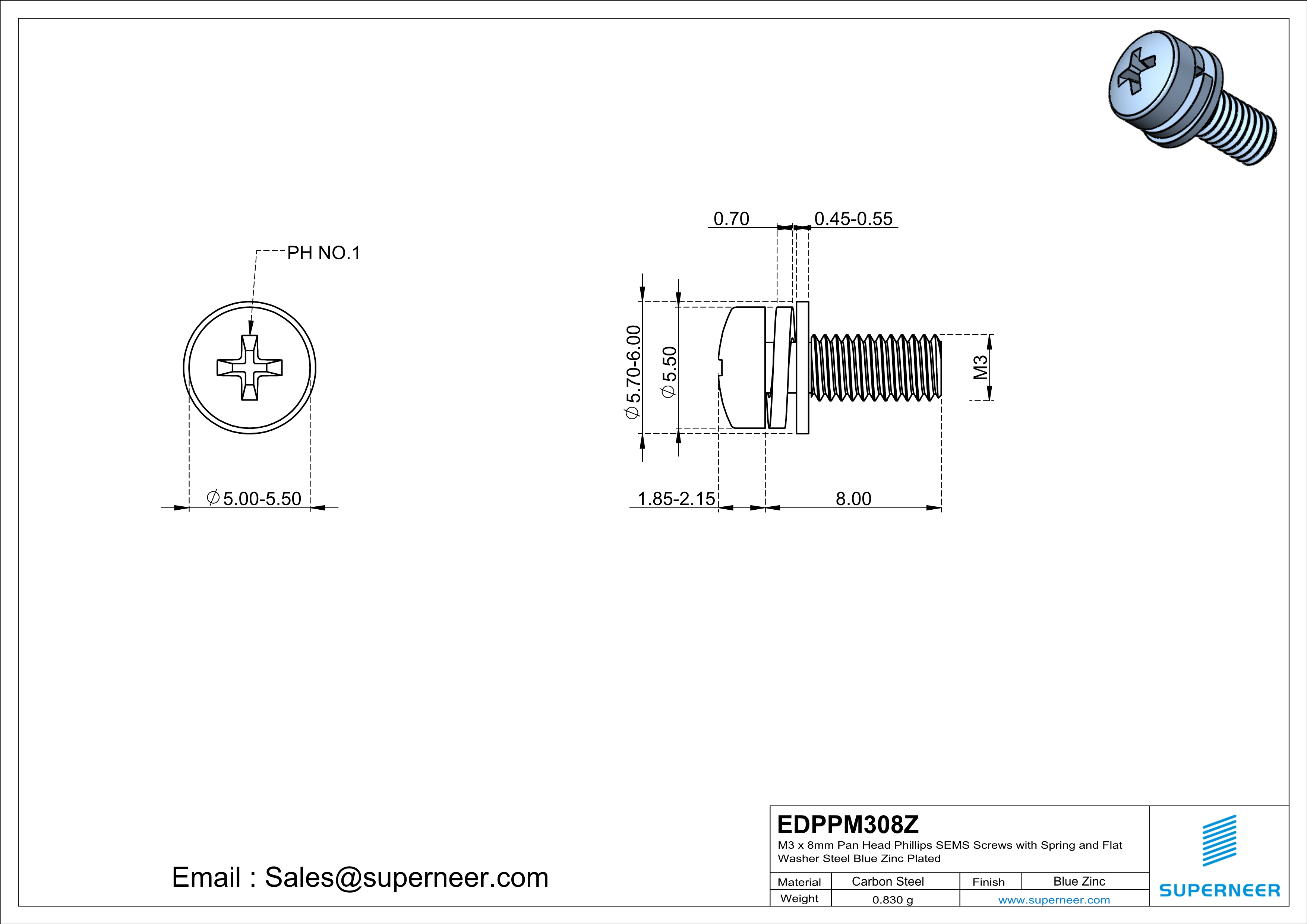 M3 x 8mm Pan Head Phillips SEMS Screws with Spring and Flat Washer Steel Blue Zinc Plated