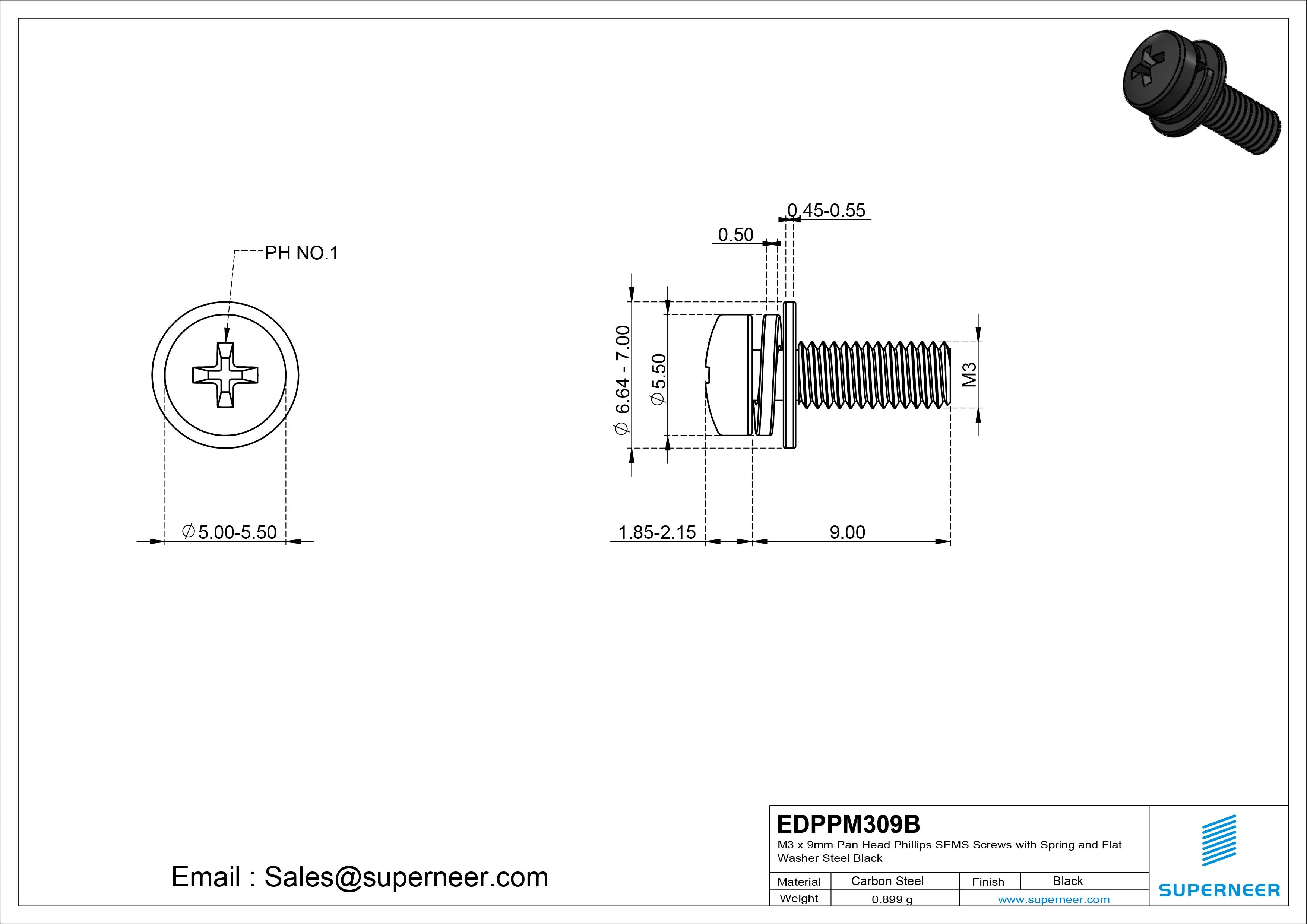 M3 x 9mm Pan Head Phillips SEMS Screws with Spring and Flat Washer Steel Black
