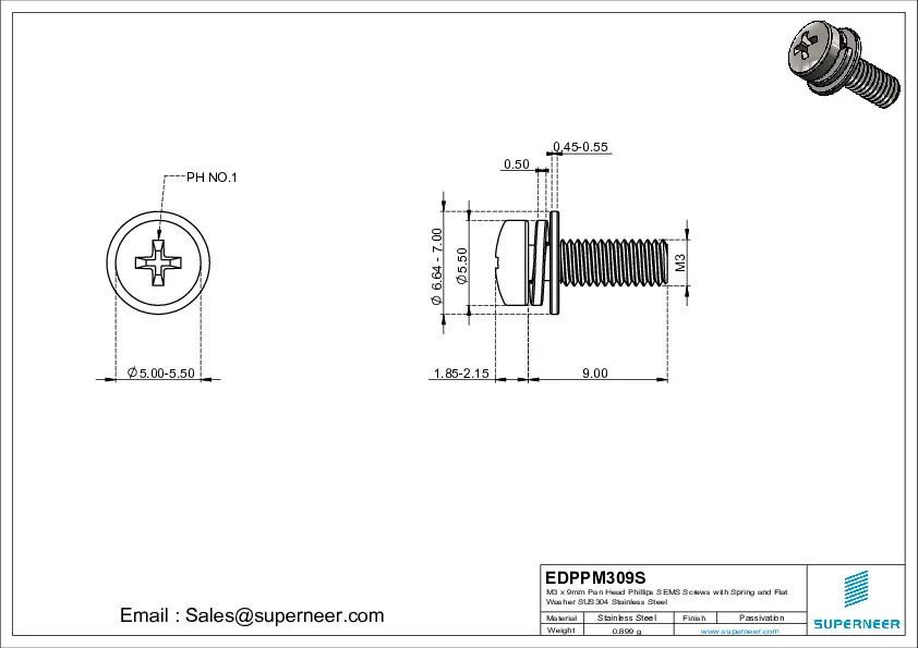 M3 x 9mm Pan Head Phillips SEMS Screws with Spring and Flat Washer SUS304 Stainless Steel Inox