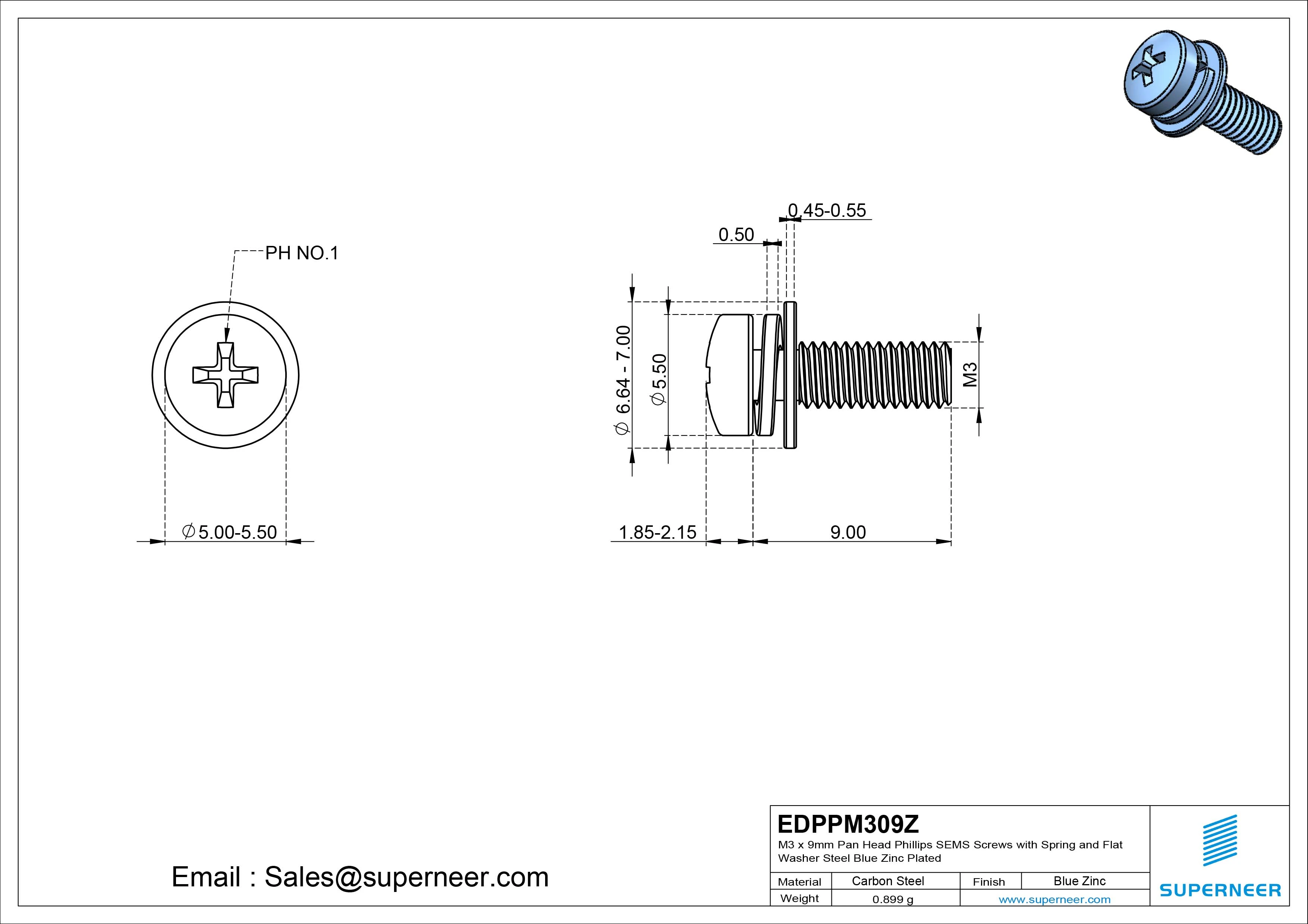 M3 x 9mm Pan Head Phillips SEMS Screws with Spring and Flat Washer Steel Blue Zinc Plated