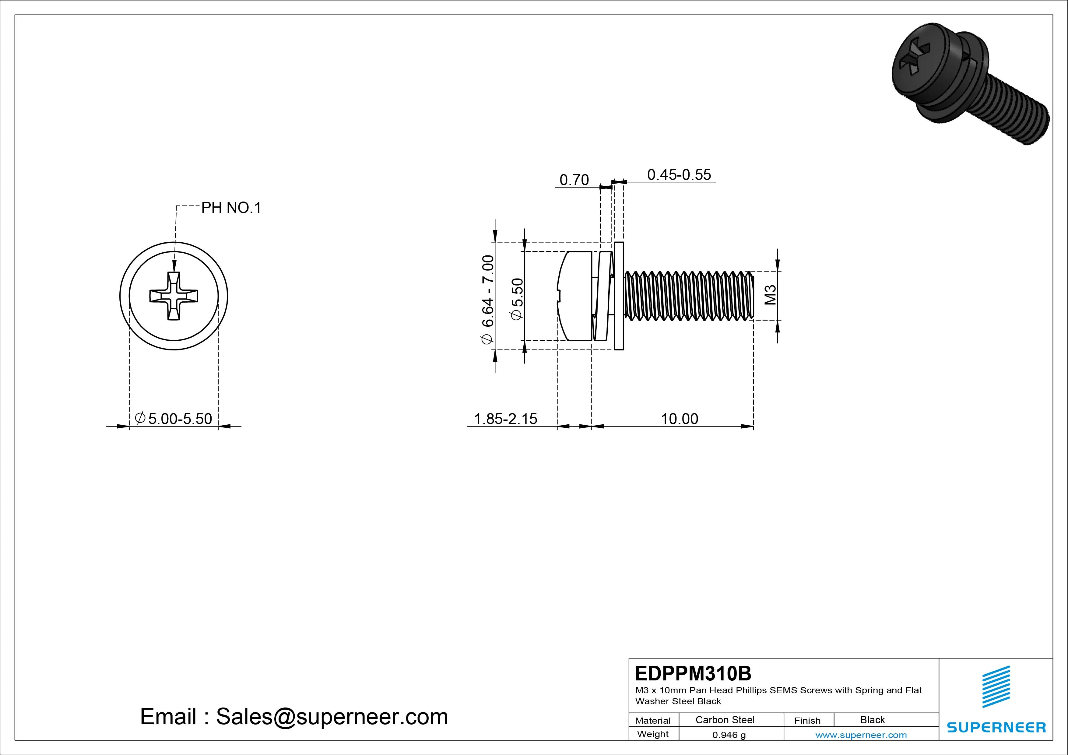 M3 x 10mm Pan Head Phillips SEMS Screws with Spring and Flat Washer Steel Black
