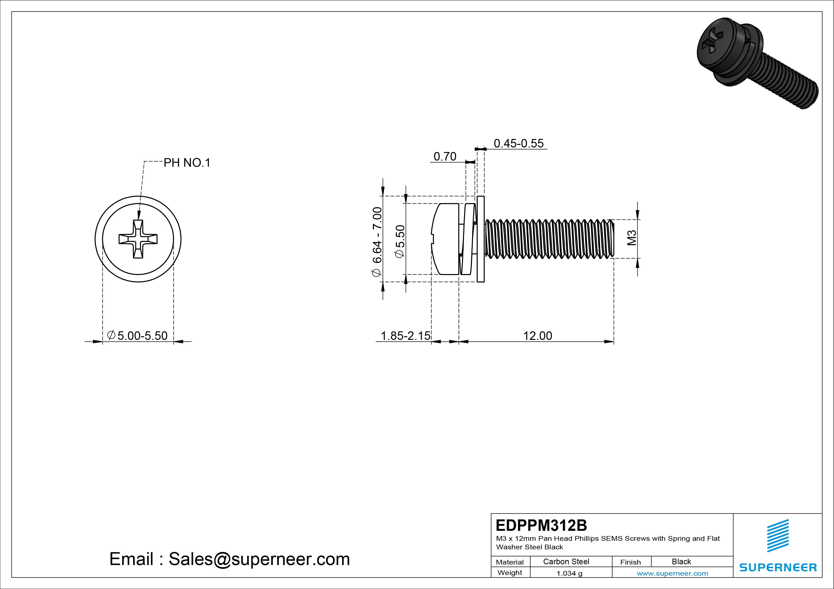M3 x 12mm Pan Head Phillips SEMS Screws with Spring and Flat Washer Steel Black