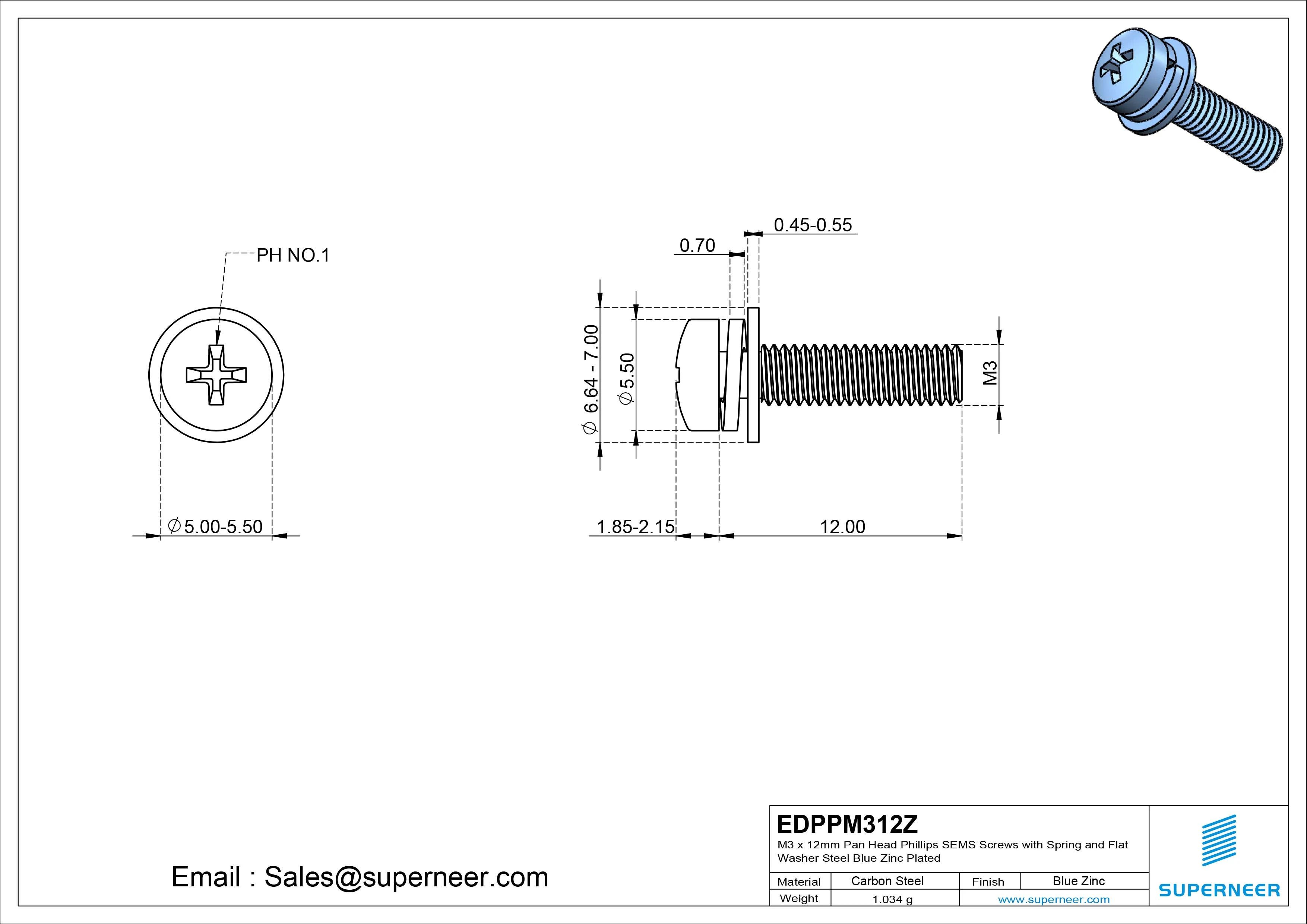 M3 x 12mm Pan Head Phillips SEMS Screws with Spring and Flat Washer Steel Blue Zinc Plated