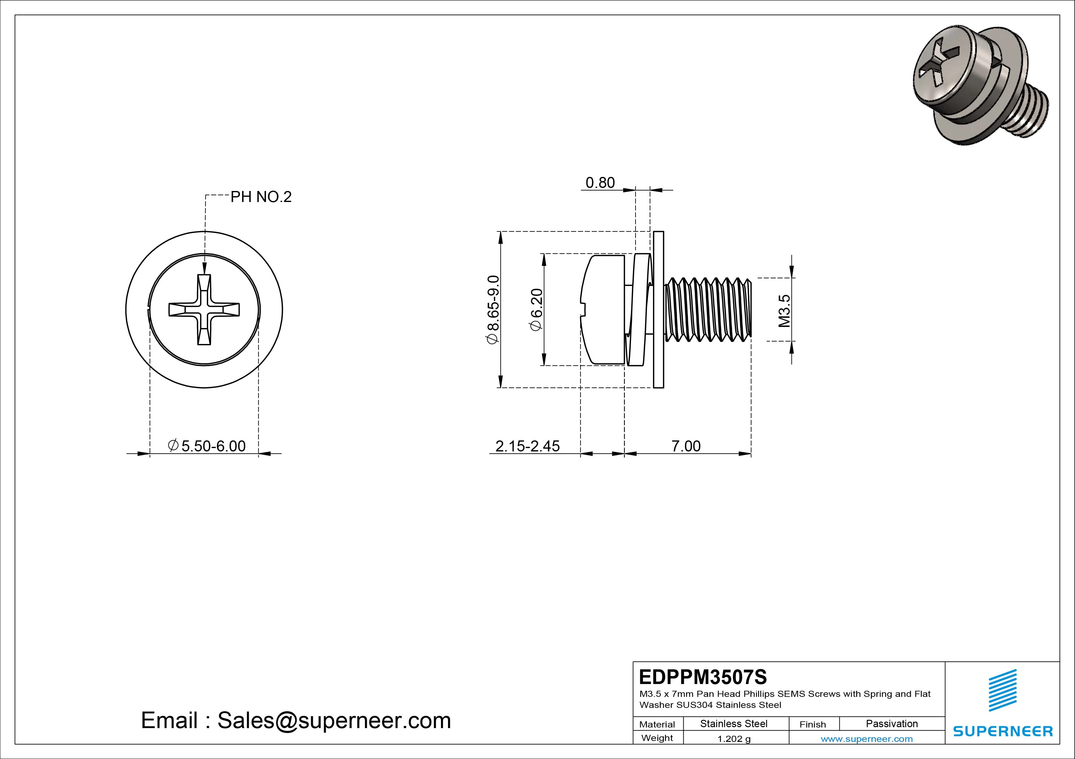 M3.5 x 7mm Pan Head Phillips SEMS Screws with Spring and Flat Washer SUS304 Stainless Steel Inox