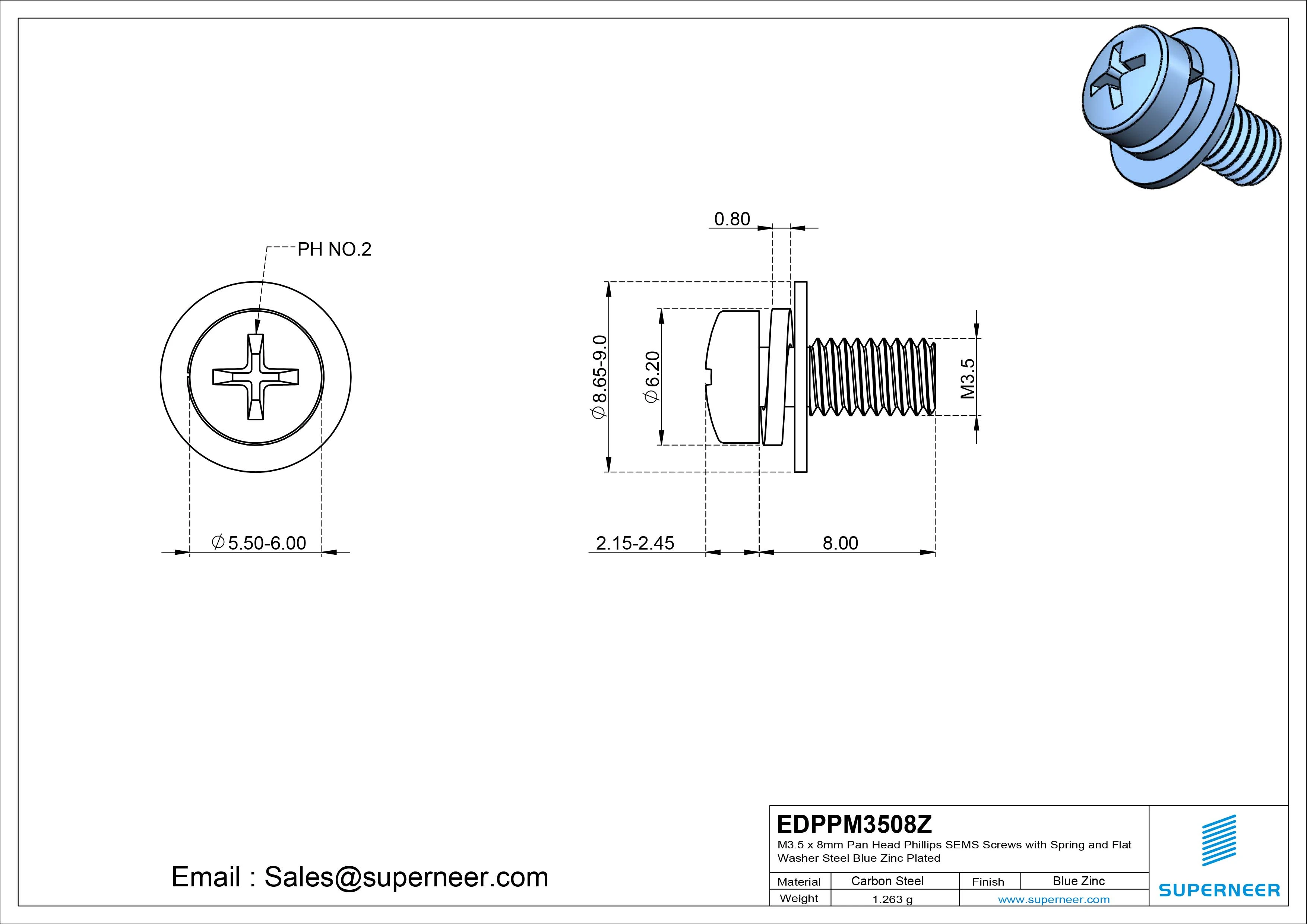 M3.5 x 8mm Pan Head Phillips SEMS Screws with Spring and Flat Washer Steel Blue Zinc Plated