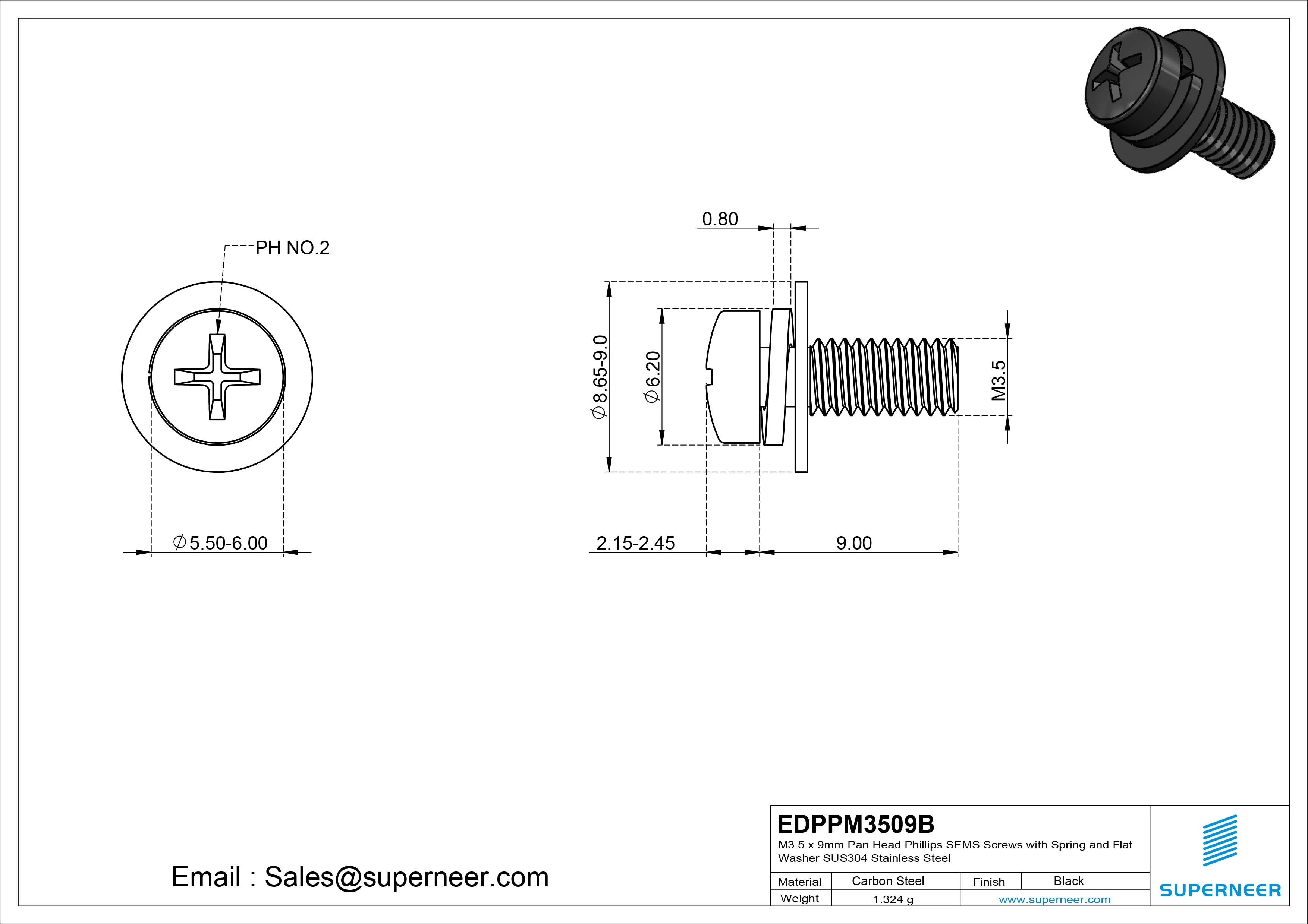 M3.5 x 9mm Pan Head Phillips SEMS Screws with Spring and Flat Washer Steel Black
