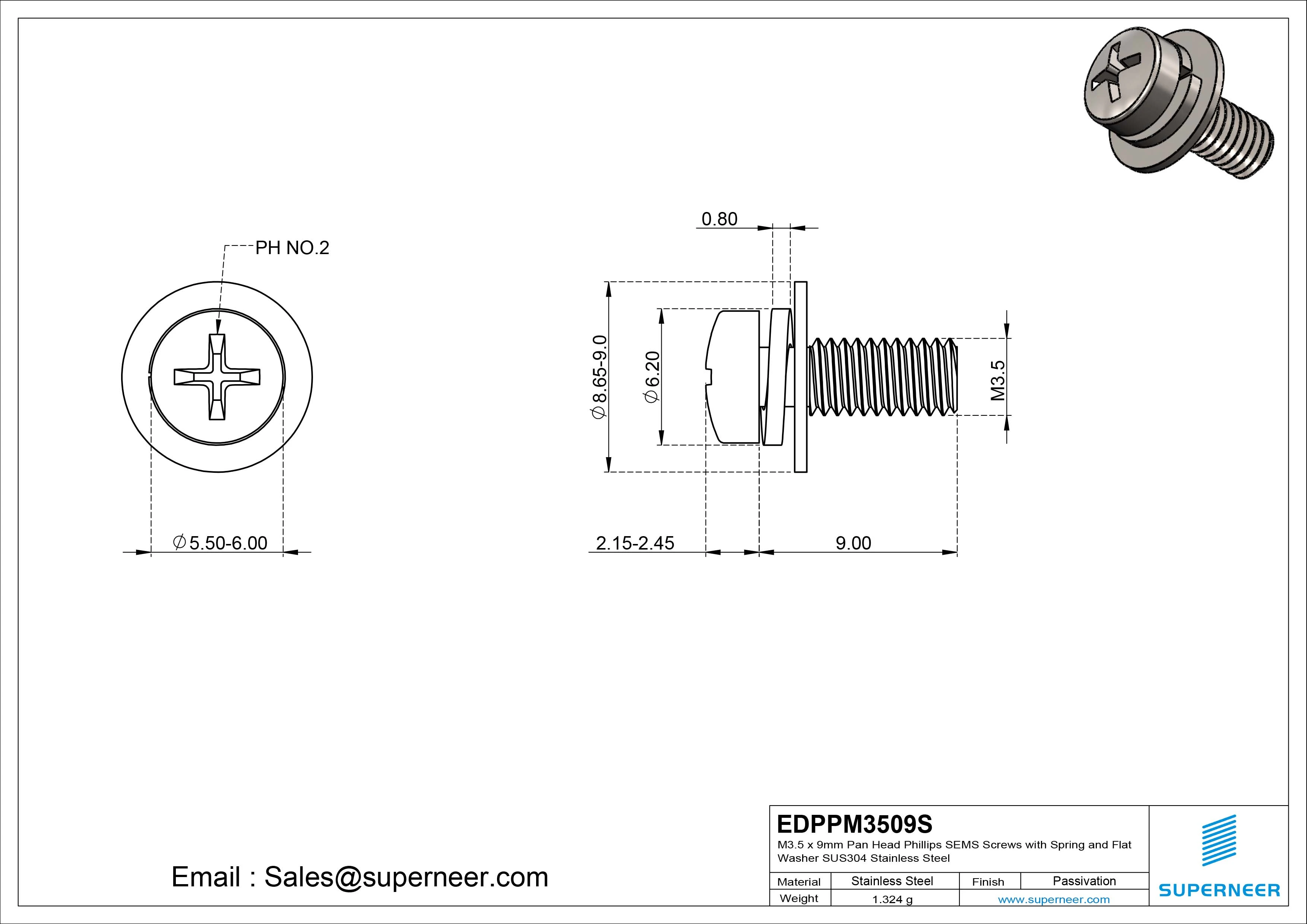 M3.5 x 9mm Pan Head Phillips SEMS Screws with Spring and Flat Washer SUS304 Stainless Steel Inox