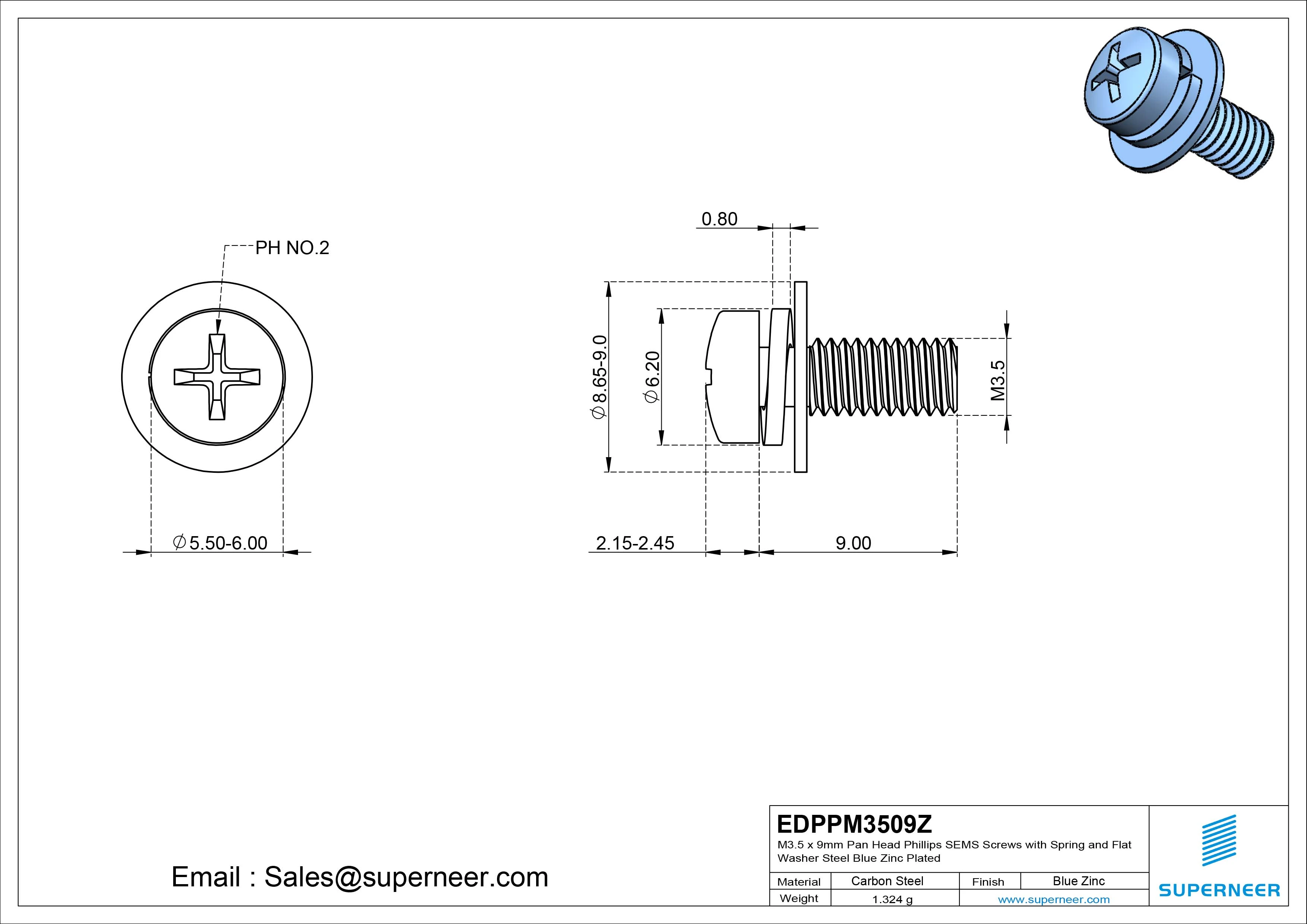 M3.5 x 9mm Pan Head Phillips SEMS Screws with Spring and Flat Washer Steel Blue Zinc Plated