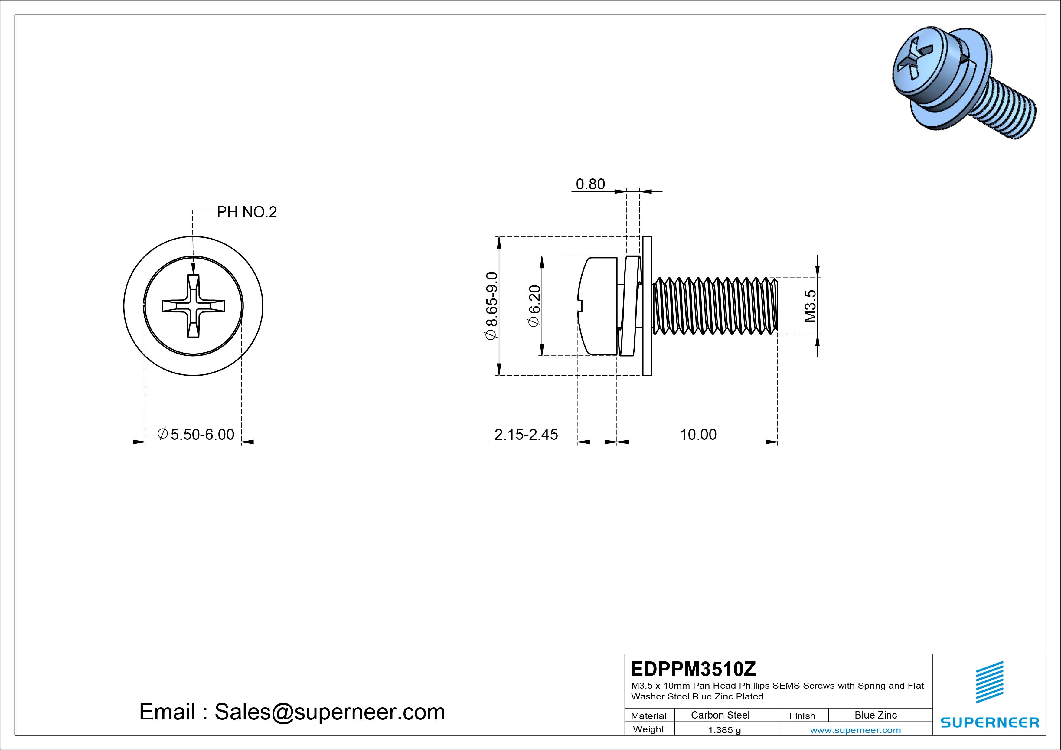 M3.5 x 10mm Pan Head Phillips SEMS Screws with Spring and Flat Washer Steel Blue Zinc Plated