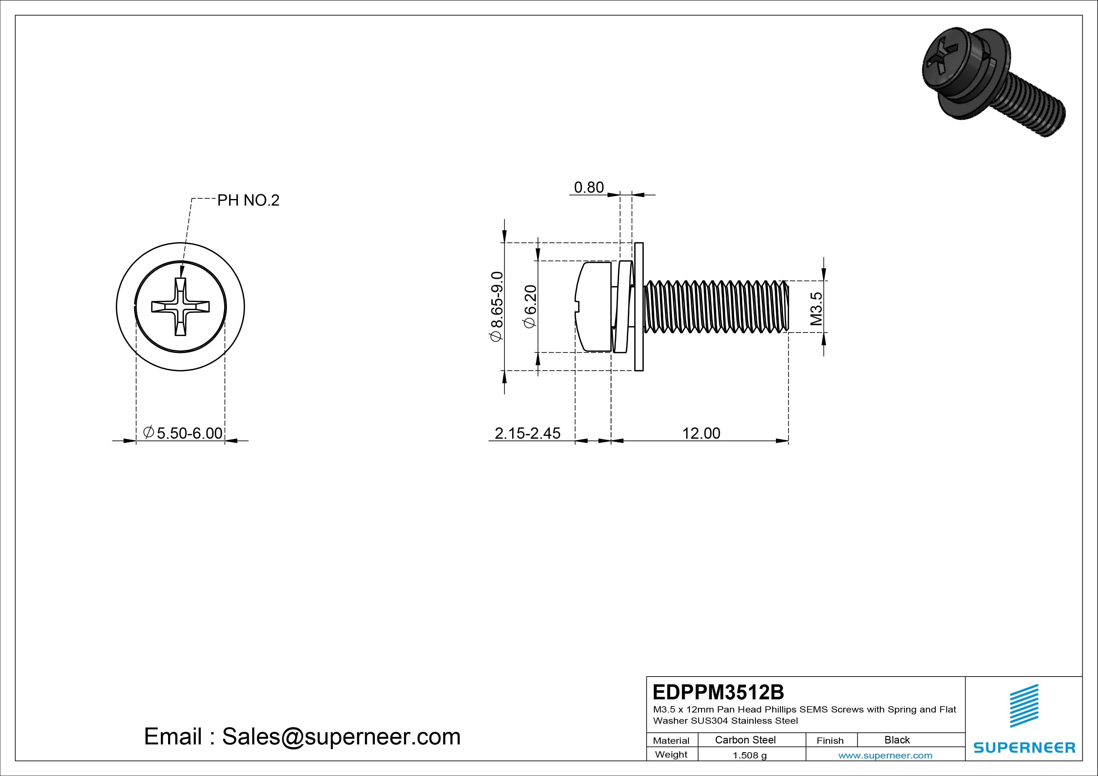 M3.5 x 12mm Pan Head Phillips SEMS Screws with Spring and Flat Washer Steel Black