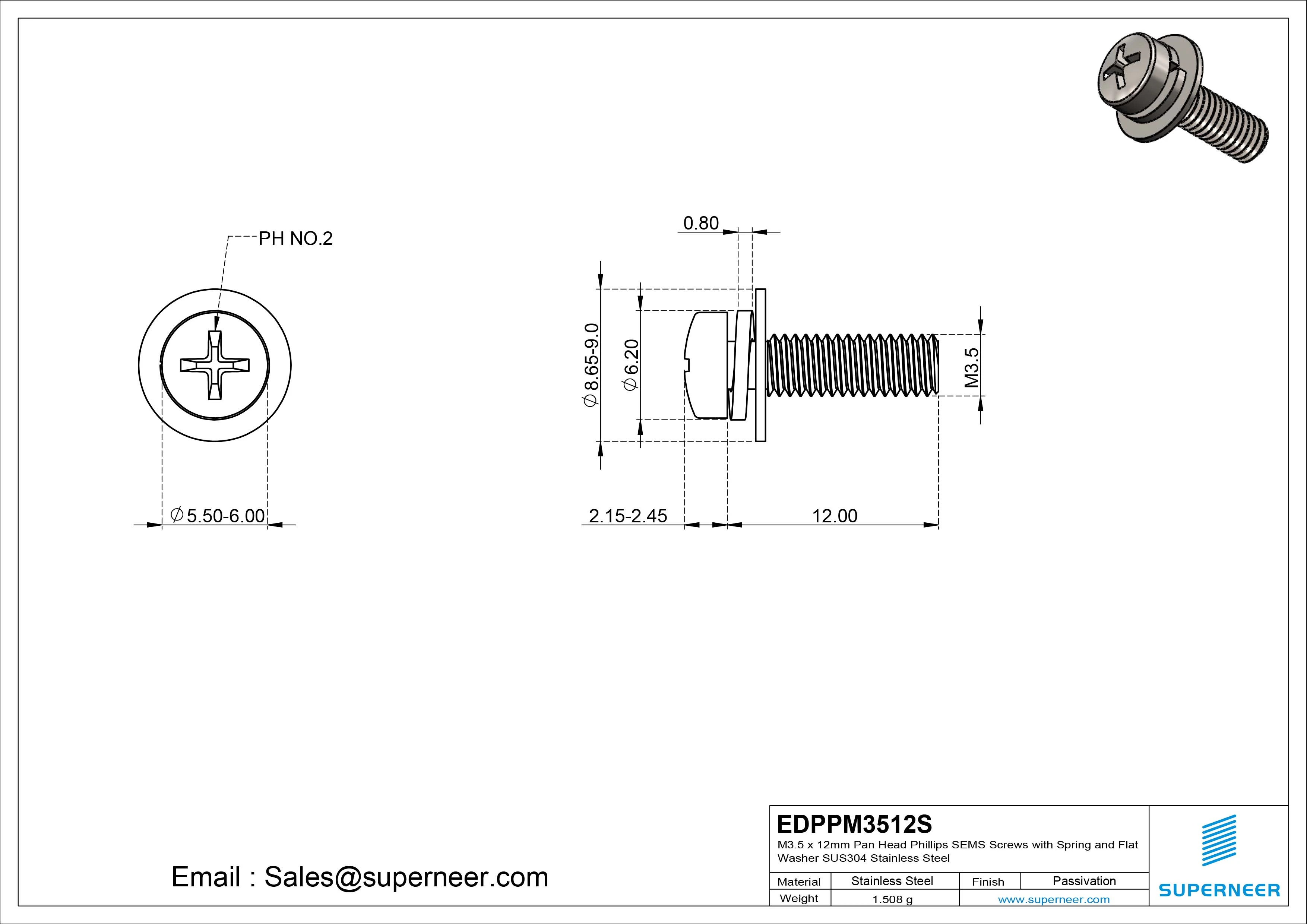 M3.5 x 12mm Pan Head Phillips SEMS Screws with Spring and Flat Washer SUS304 Stainless Steel Inox