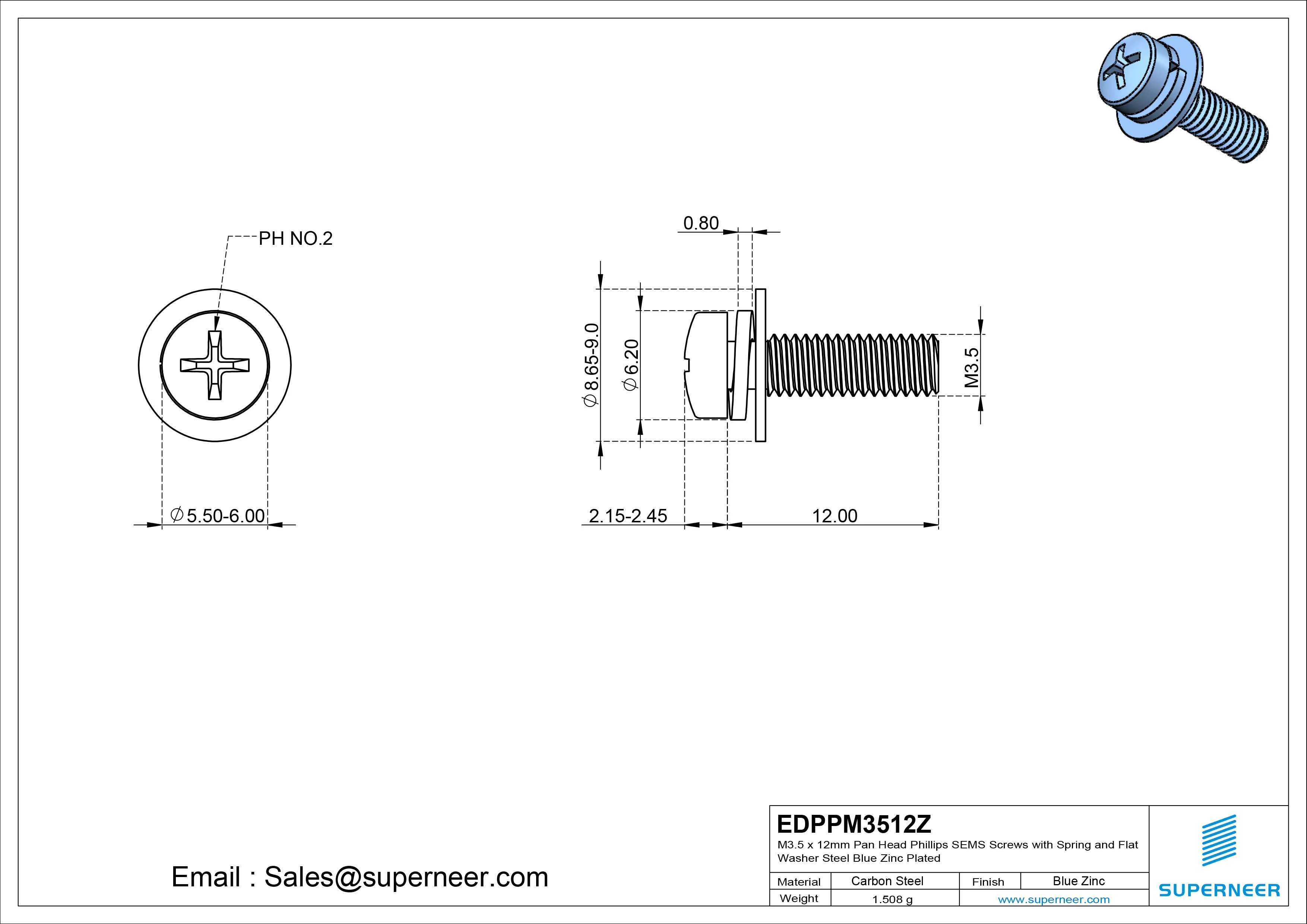 M3.5 x 12mm Pan Head Phillips SEMS Screws with Spring and Flat Washer Steel Blue Zinc Plated