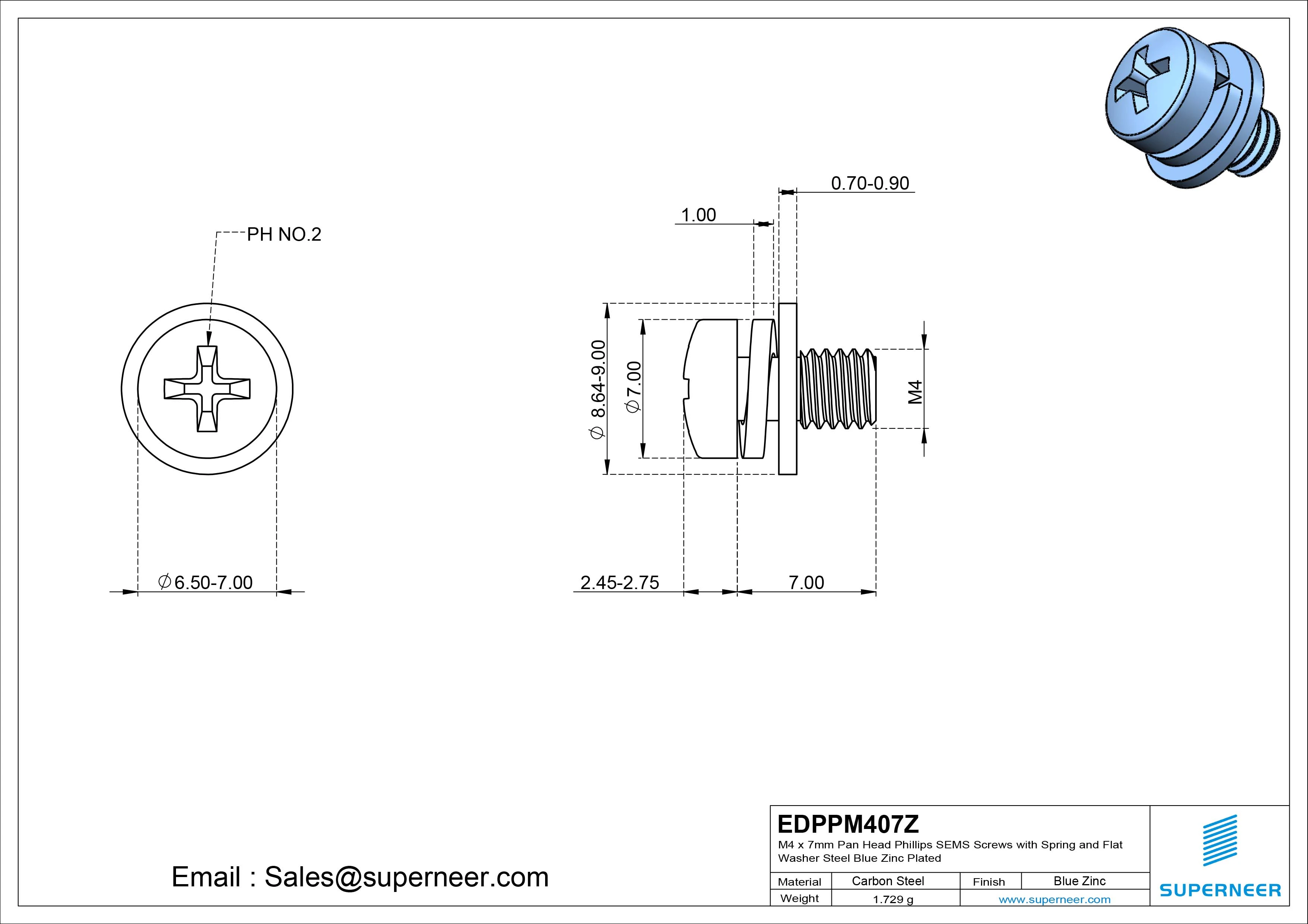 M4 x 7mm Pan Head Phillips SEMS Screws with Spring and Flat Washer Steel Blue Zinc Plated