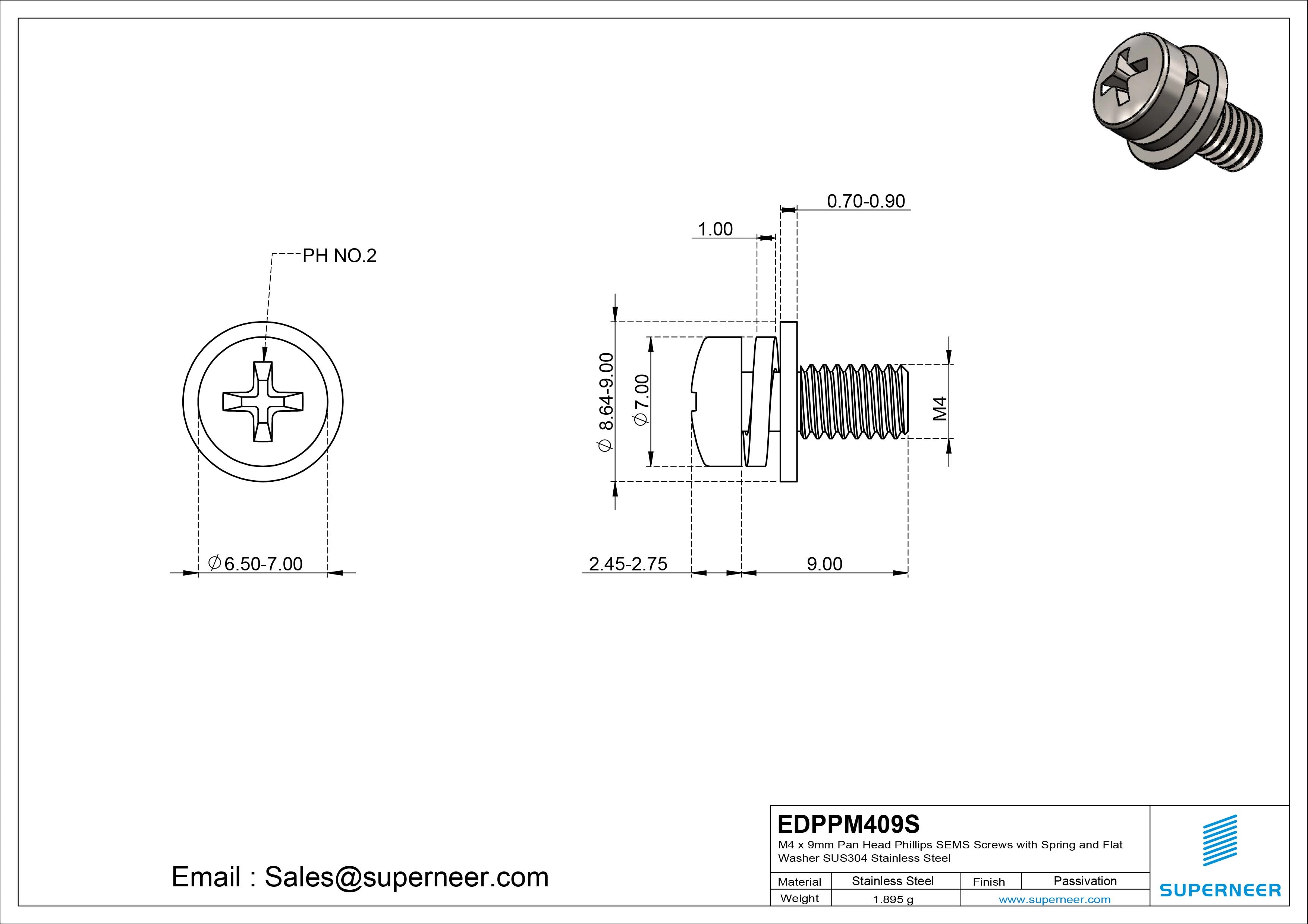 M4 x 9mm Pan Head Phillips SEMS Screws with Spring and Flat Washer SUS304 Stainless Steel Inox