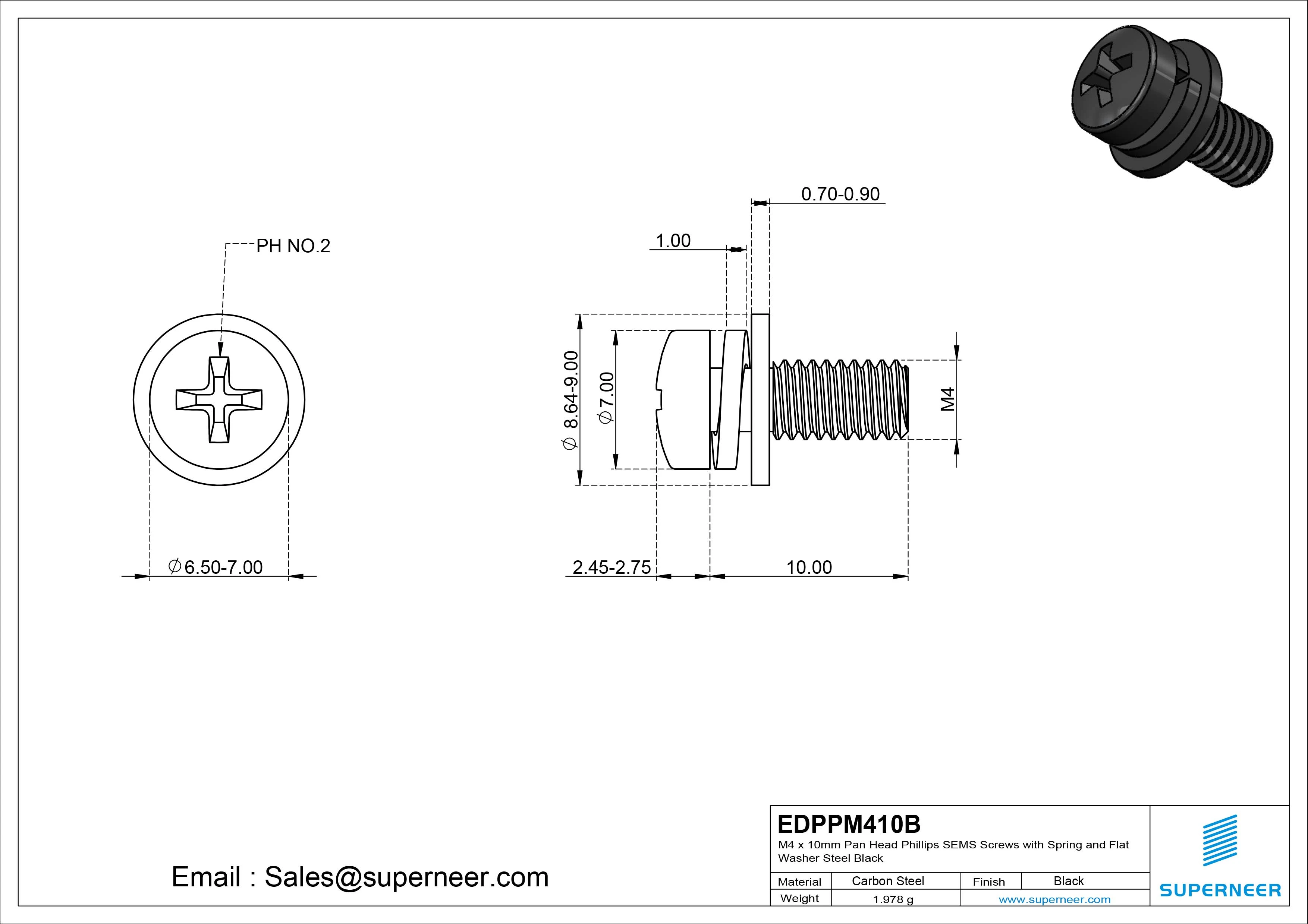 M4 x 10mm Pan Head Phillips SEMS Screws with Spring and Flat Washer Steel Black