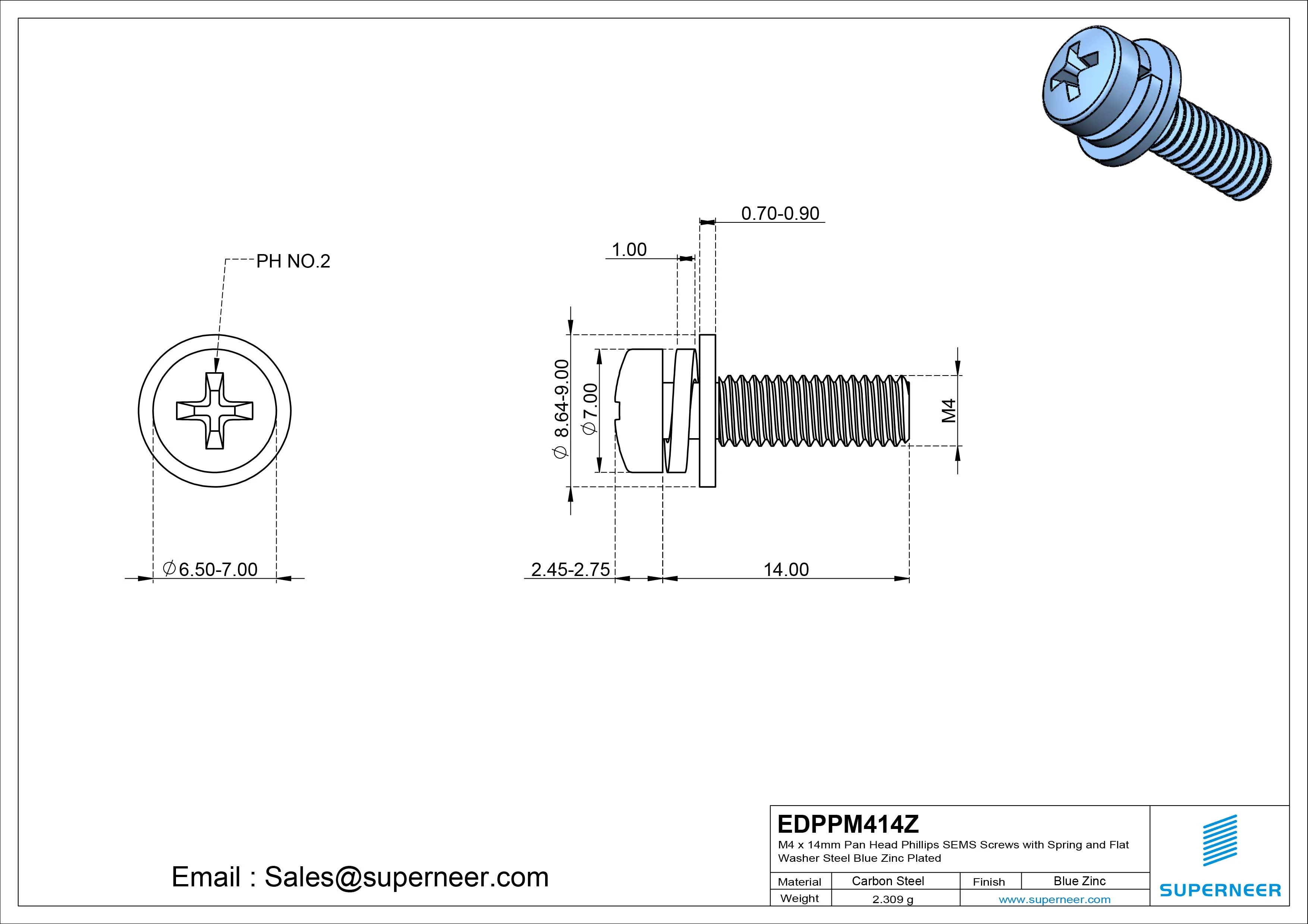 M4 x 14mm Pan Head Phillips SEMS Screws with Spring and Flat Washer Steel Blue Zinc Plated