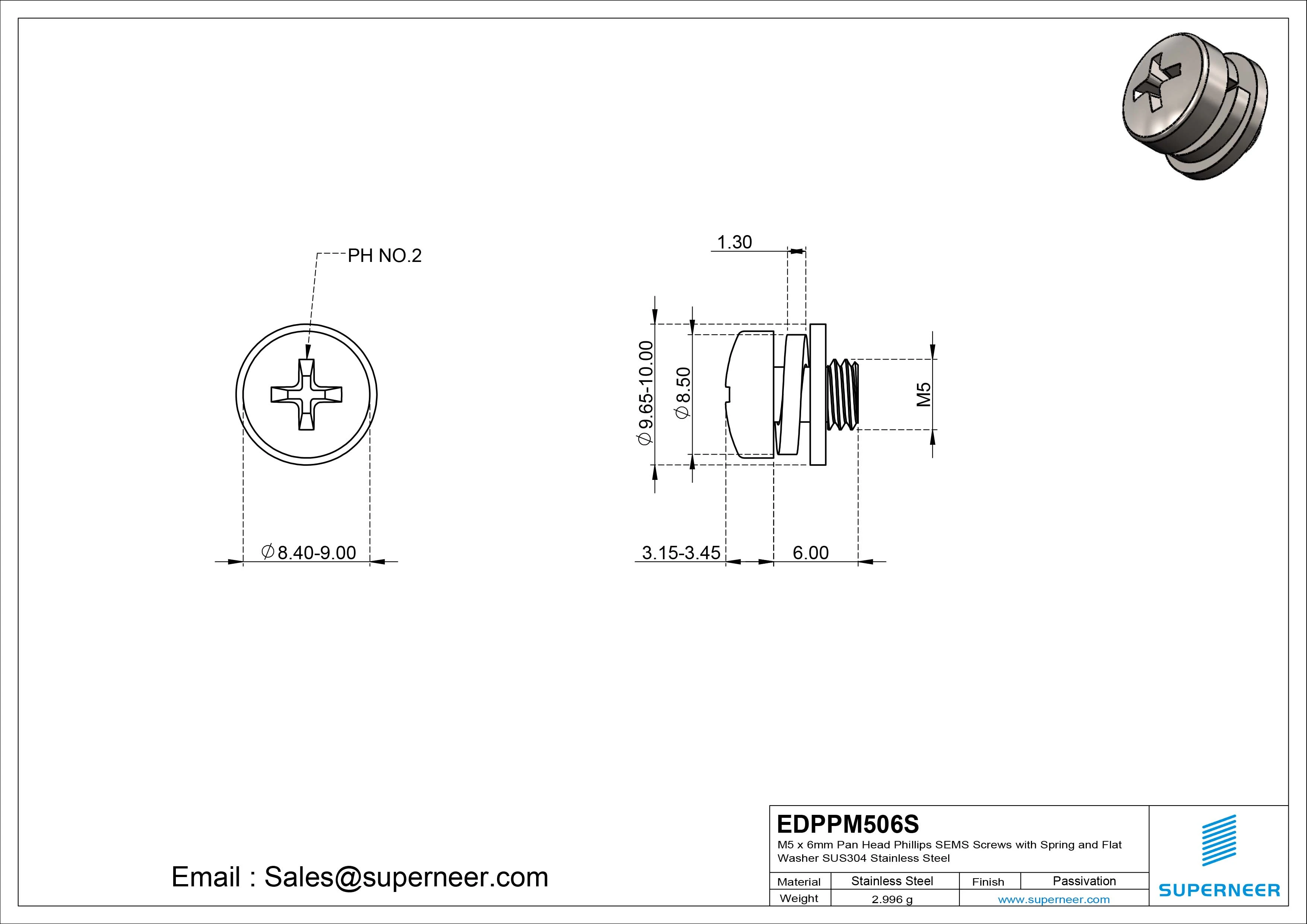 M5 x 6mm Pan Head Phillips SEMS Screws with Spring and Flat Washer SUS304 Stainless Steel Inox