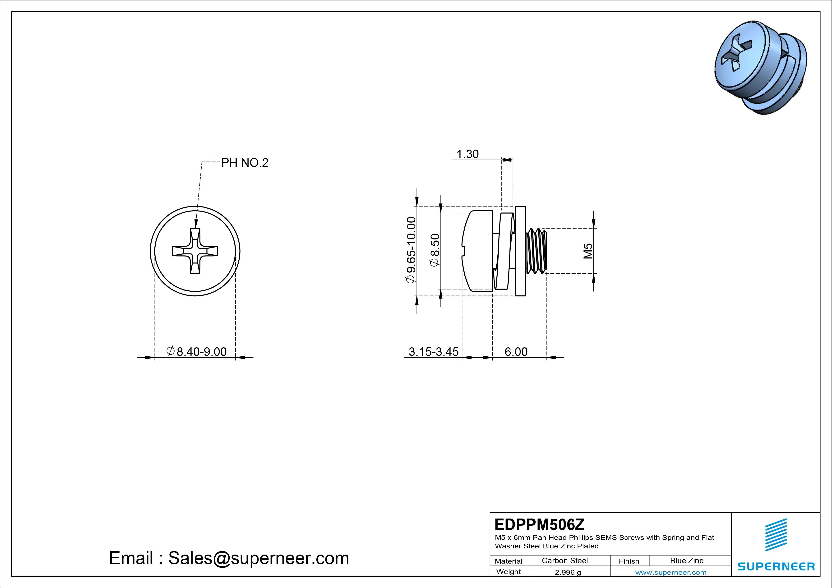 M5 x 6mm Pan Head Phillips SEMS Screws with Spring and Flat Washer Steel Blue Zinc Plated