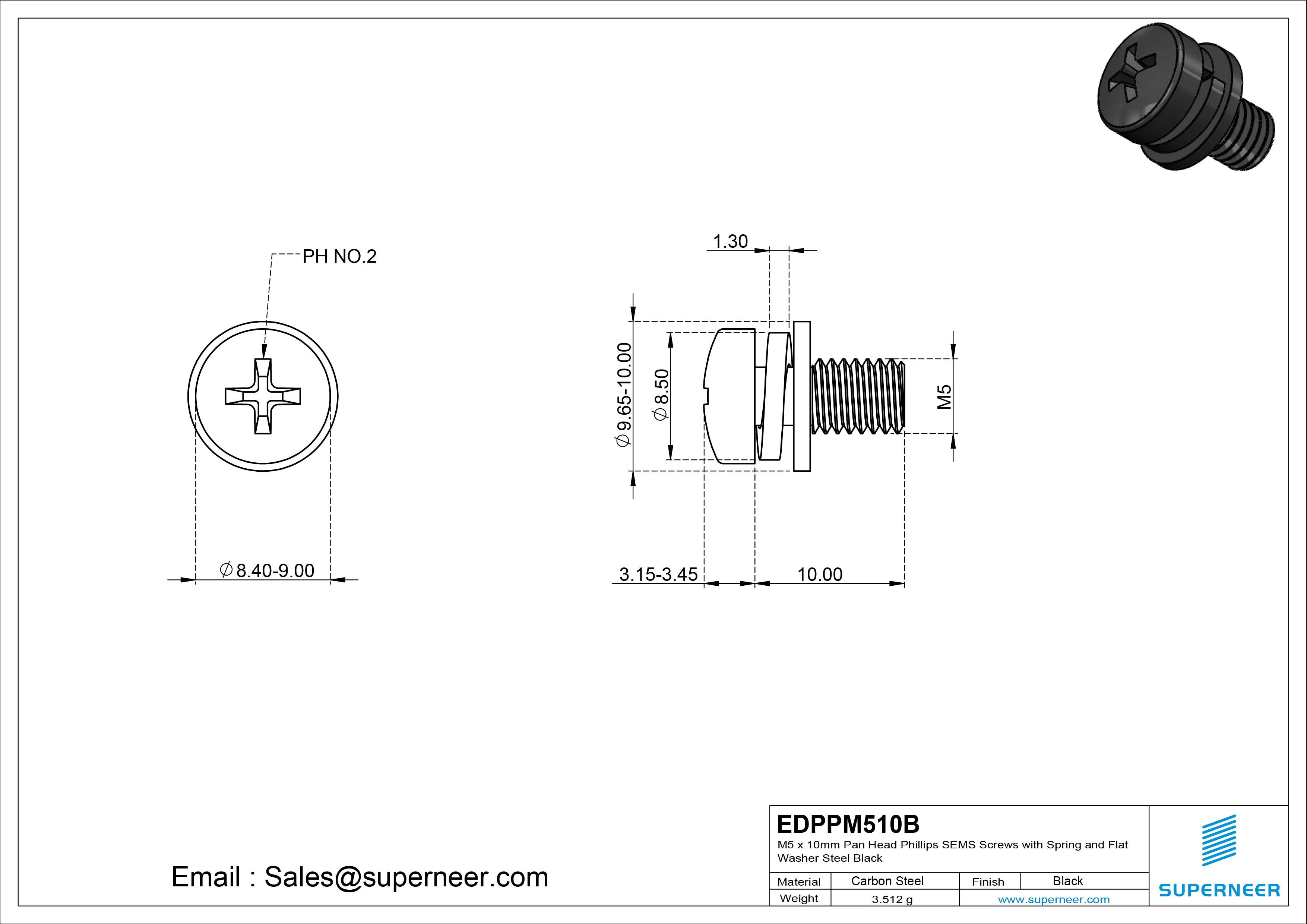 M5 x 10mm Pan Head Phillips SEMS Screws with Spring and Flat Washer Steel Black