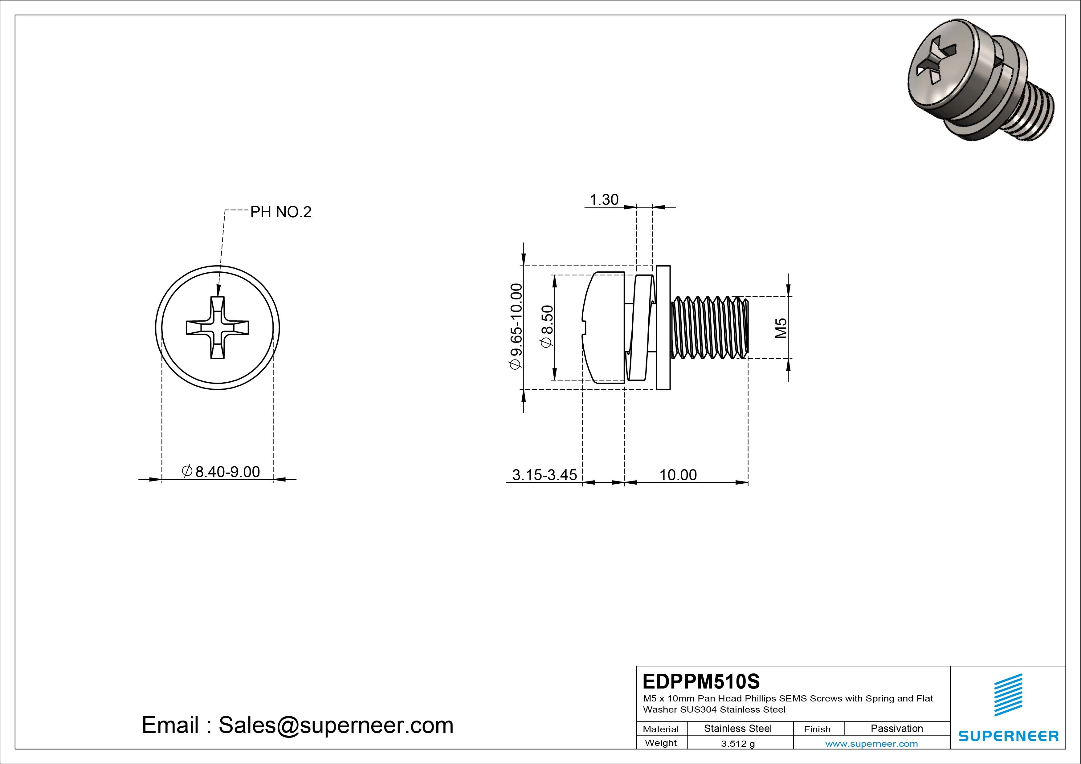 M5 x 10mm Pan Head Phillips SEMS Screws with Spring and Flat Washer SUS304 Stainless Steel Inox