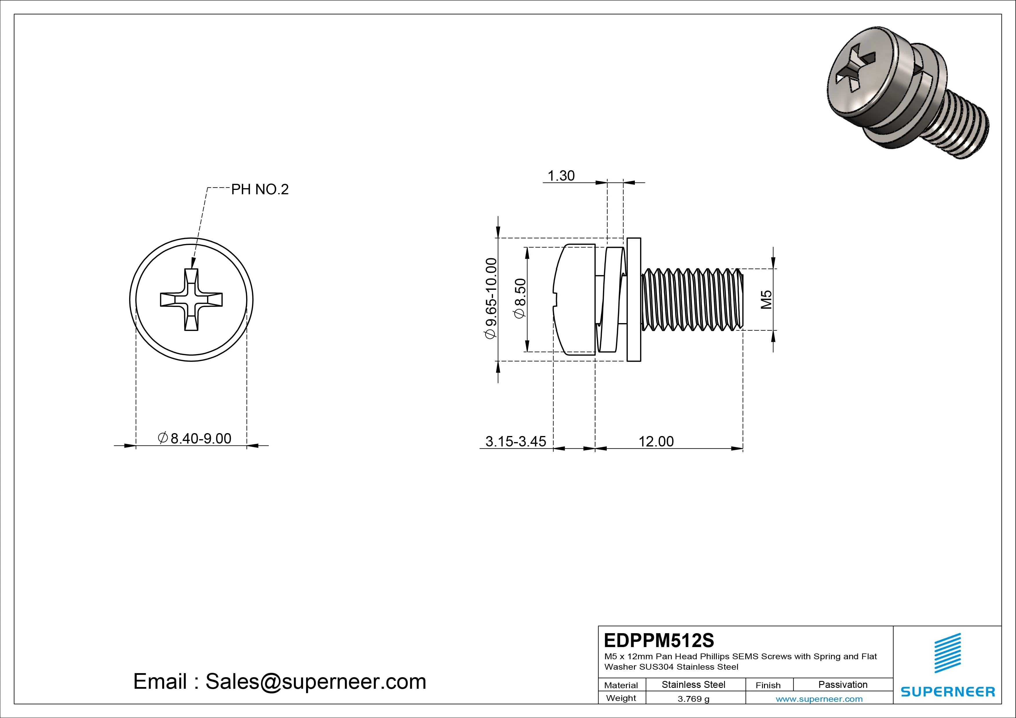 M5 x 12mm Pan Head Phillips SEMS Screws with Spring and Flat Washer SUS304 Stainless Steel Inox