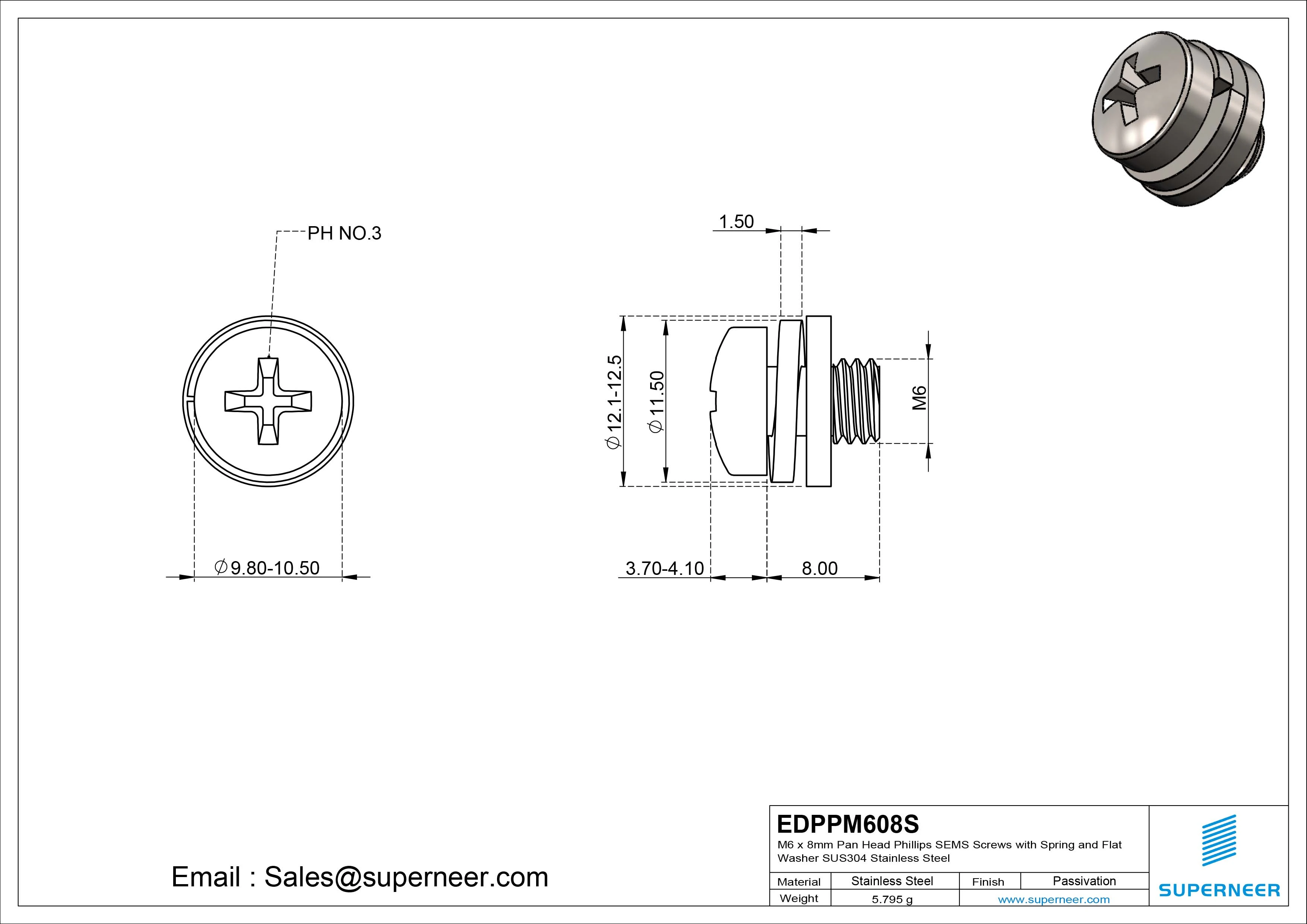 M6 x 8mm Pan Head Phillips SEMS Screws with Spring and Flat Washer SUS304 Stainless Steel Inox