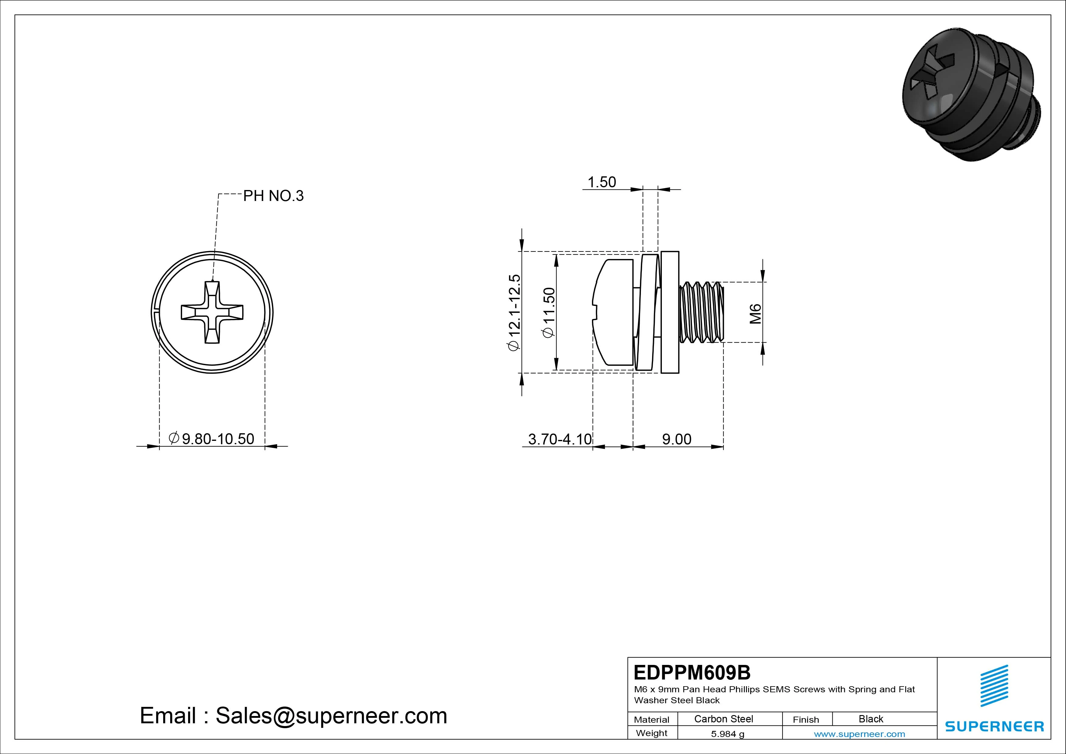 M6 x 9mm Pan Head Phillips SEMS Screws with Spring and Flat Washer Steel Black