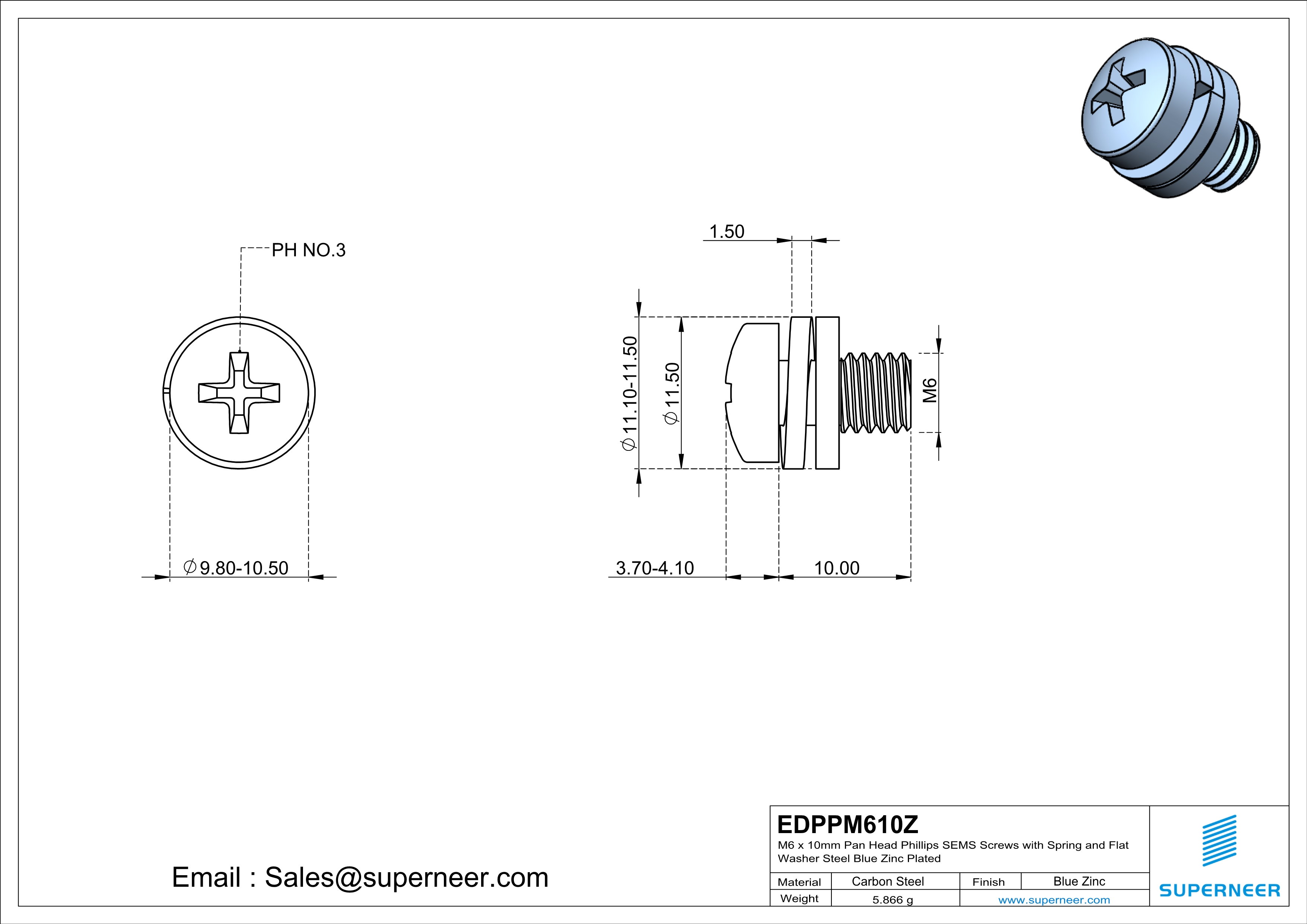 M6 x 10mm Pan Head Phillips SEMS Screws with Spring and Flat Washer Steel Blue Zinc Plated