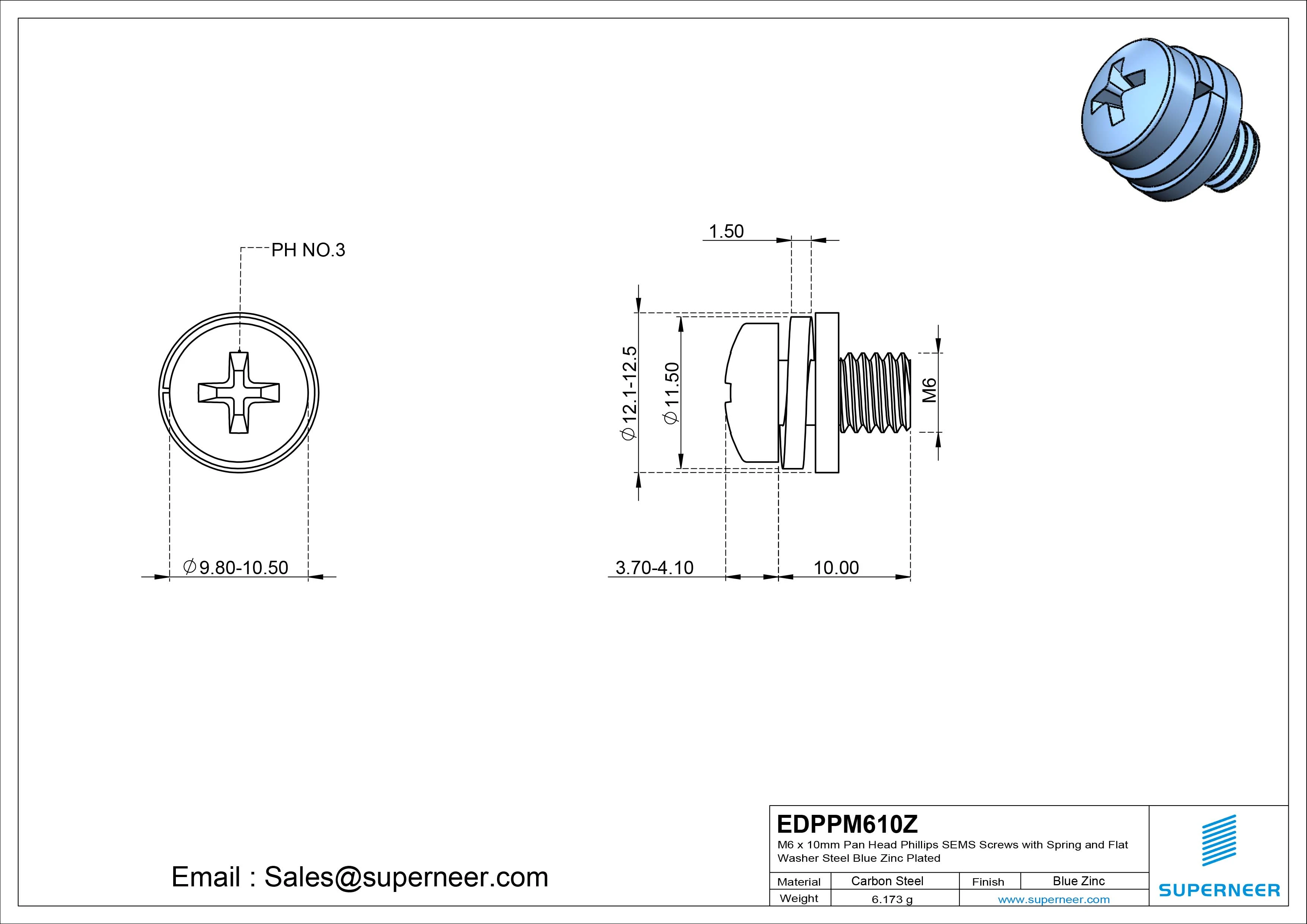M6 x 10mm Pan Head Phillips SEMS Screws with Spring and Flat Washer Steel Blue Zinc Plated