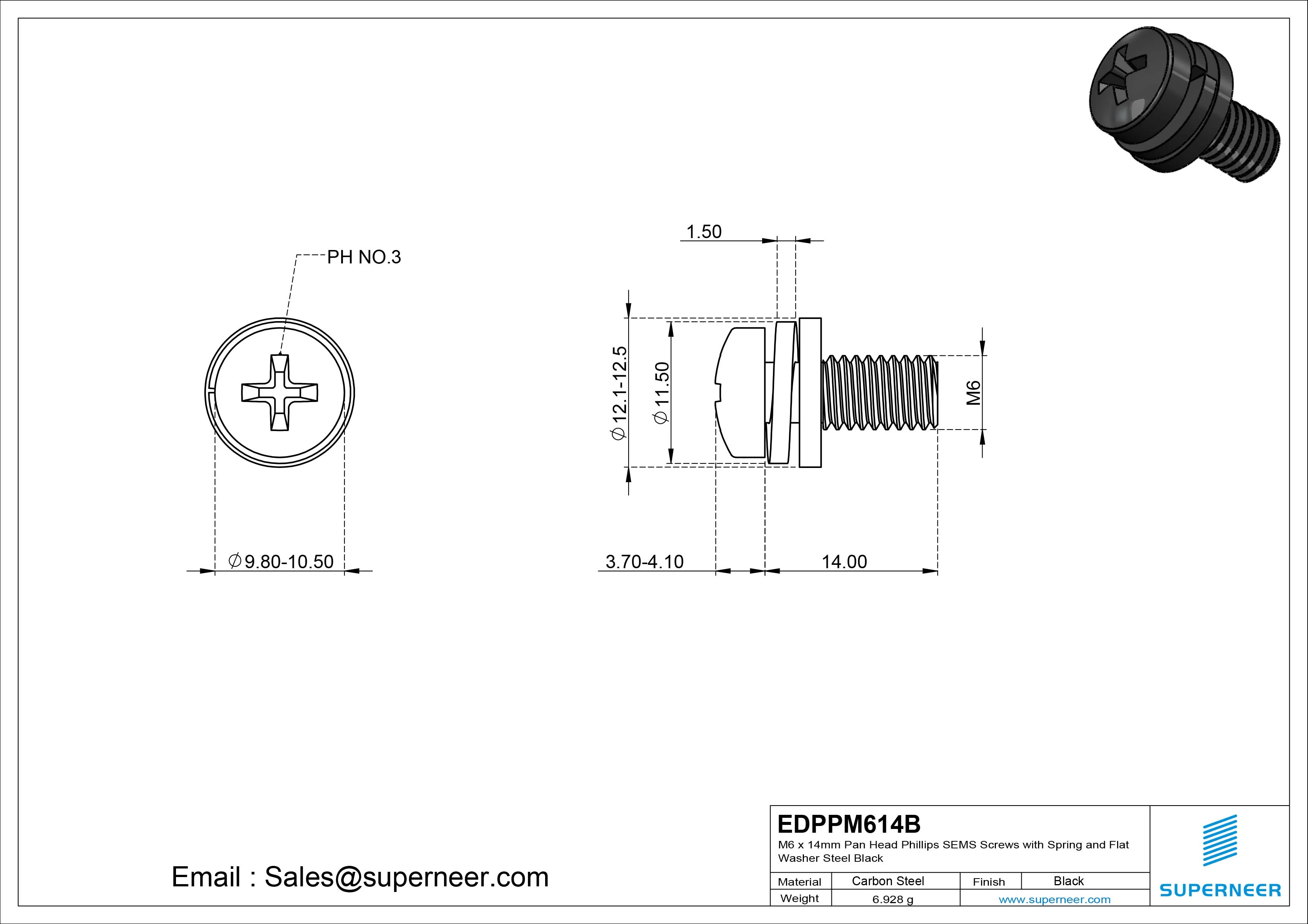 M6 x 14mm Pan Head Phillips SEMS Screws with Spring and Flat Washer Steel Black