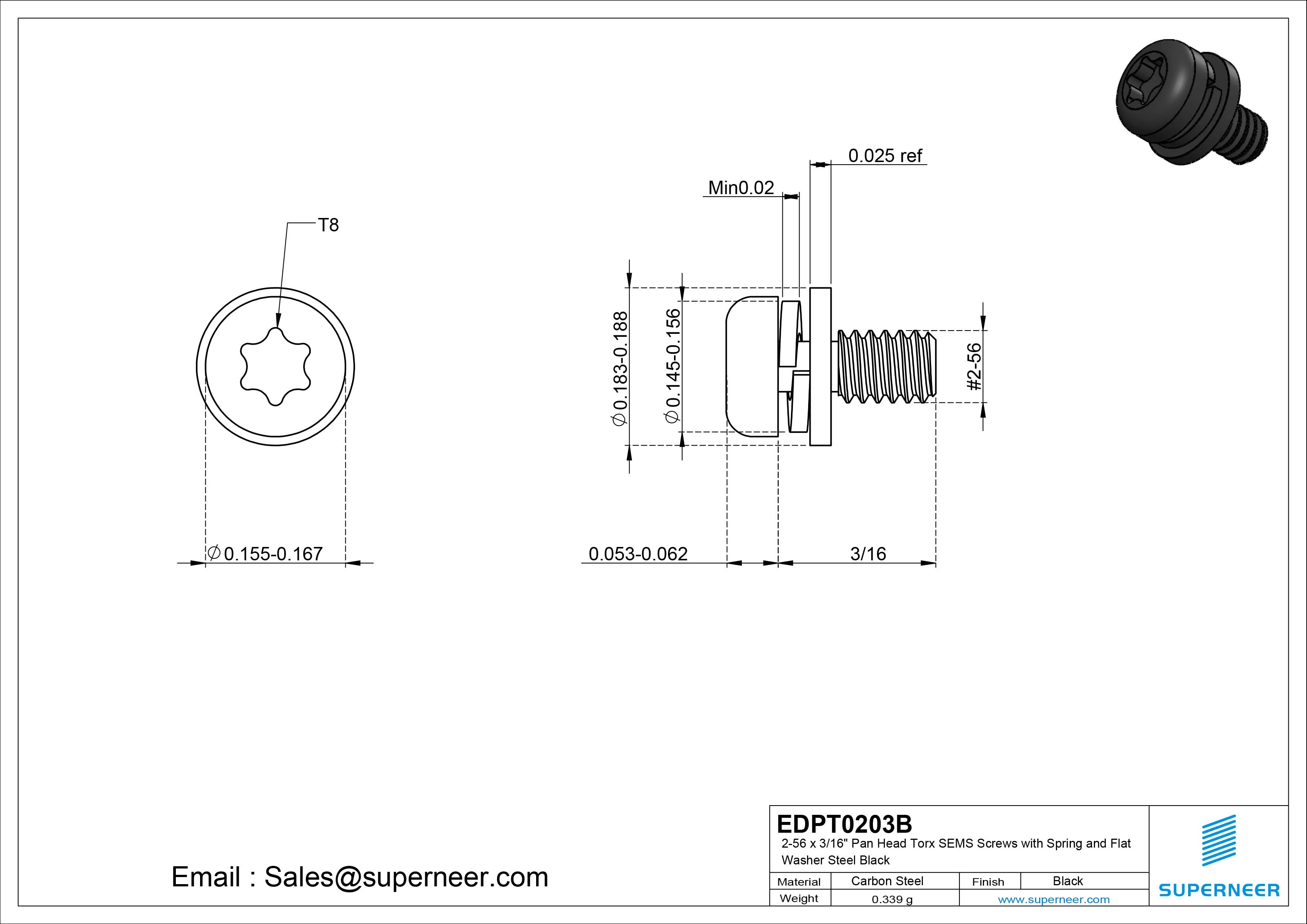 2-56 x 3/16" Pan Head Torx SEMS Screws with Spring and Flat Washer Steel Black