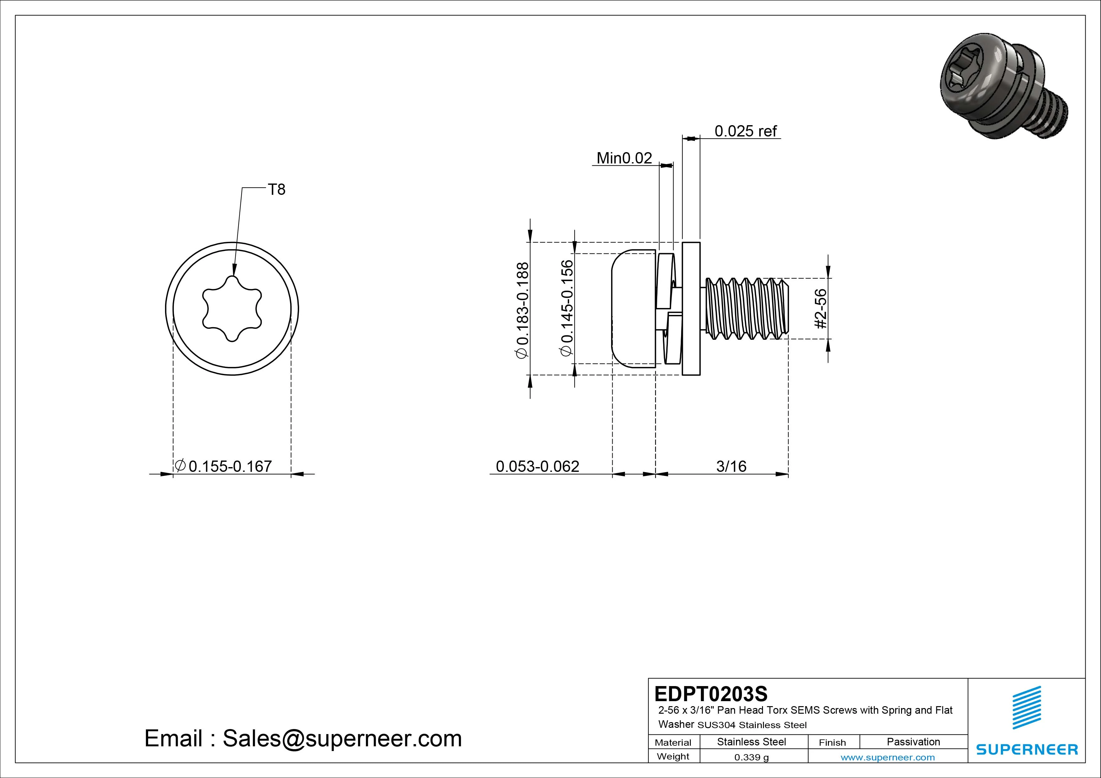 2-56 x 3/16" Pan Head Torx SEMS Screws with Spring and Flat Washer SUS304 Stainless Steel Inox