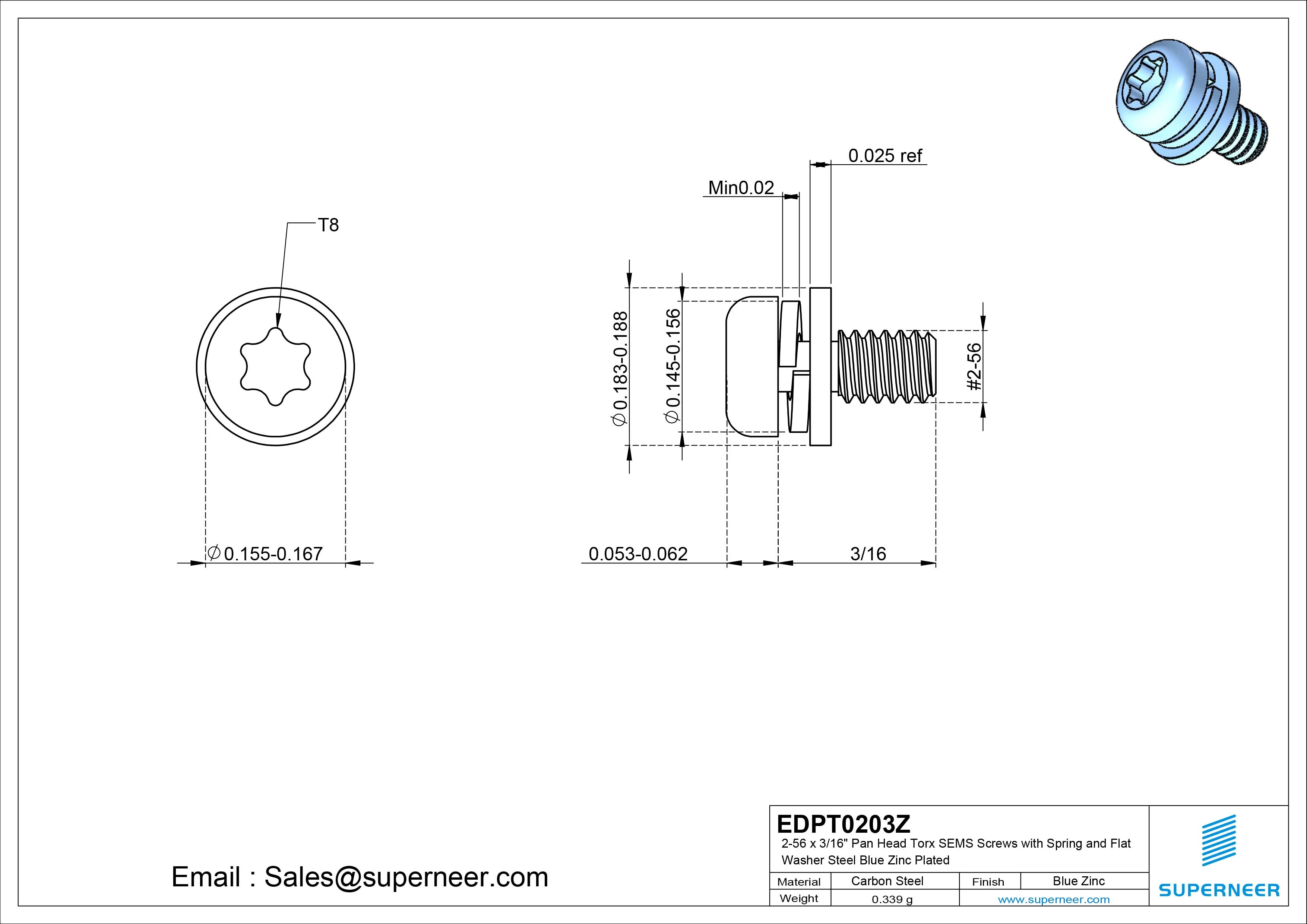 2-56 x 3/16" Pan Head Torx SEMS Screws with Spring and Flat Washer Steel Blue Zinc Plated