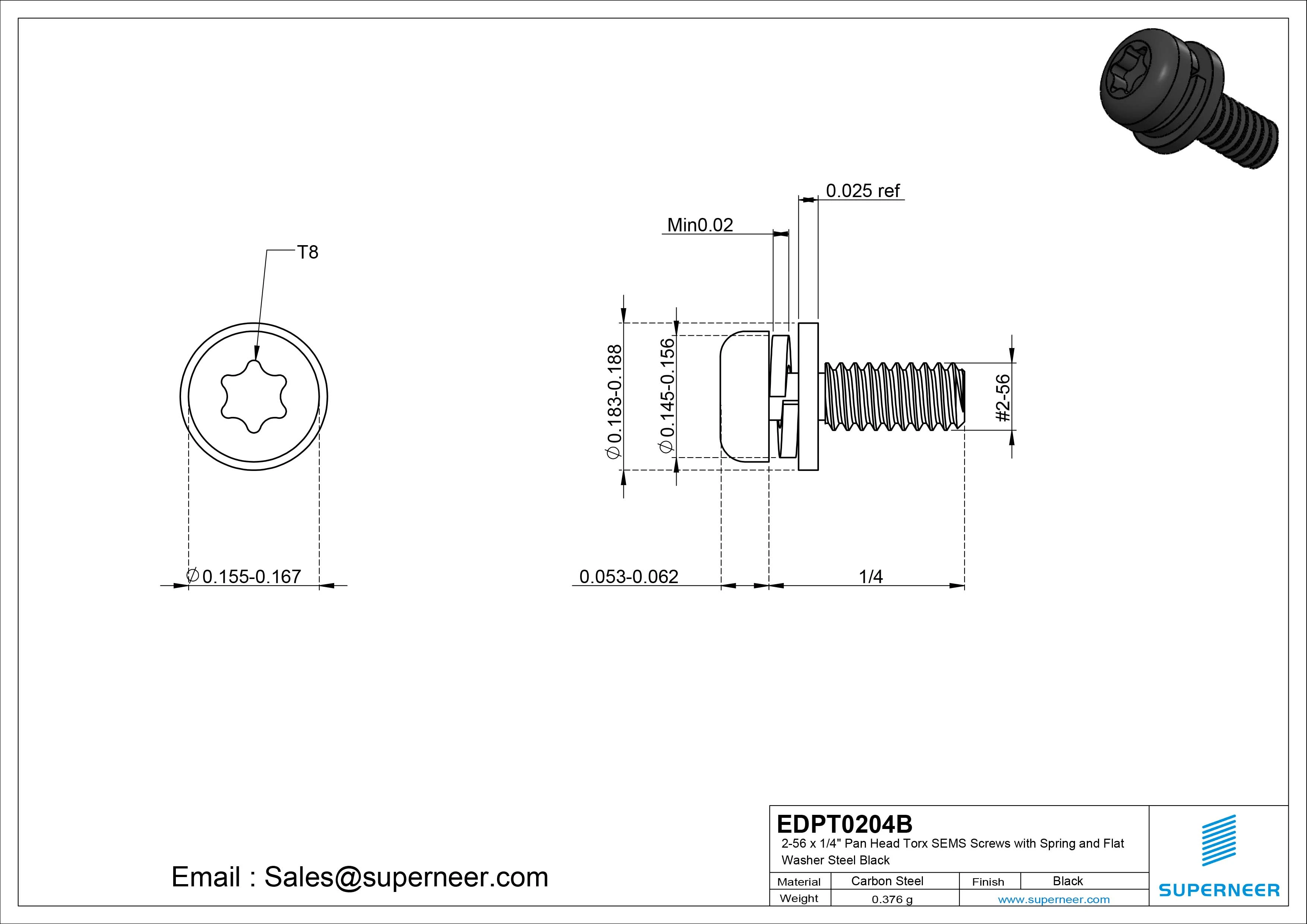 2-56 x 1/4" Pan Head Torx SEMS Screws with Spring and Flat Washer Steel Black