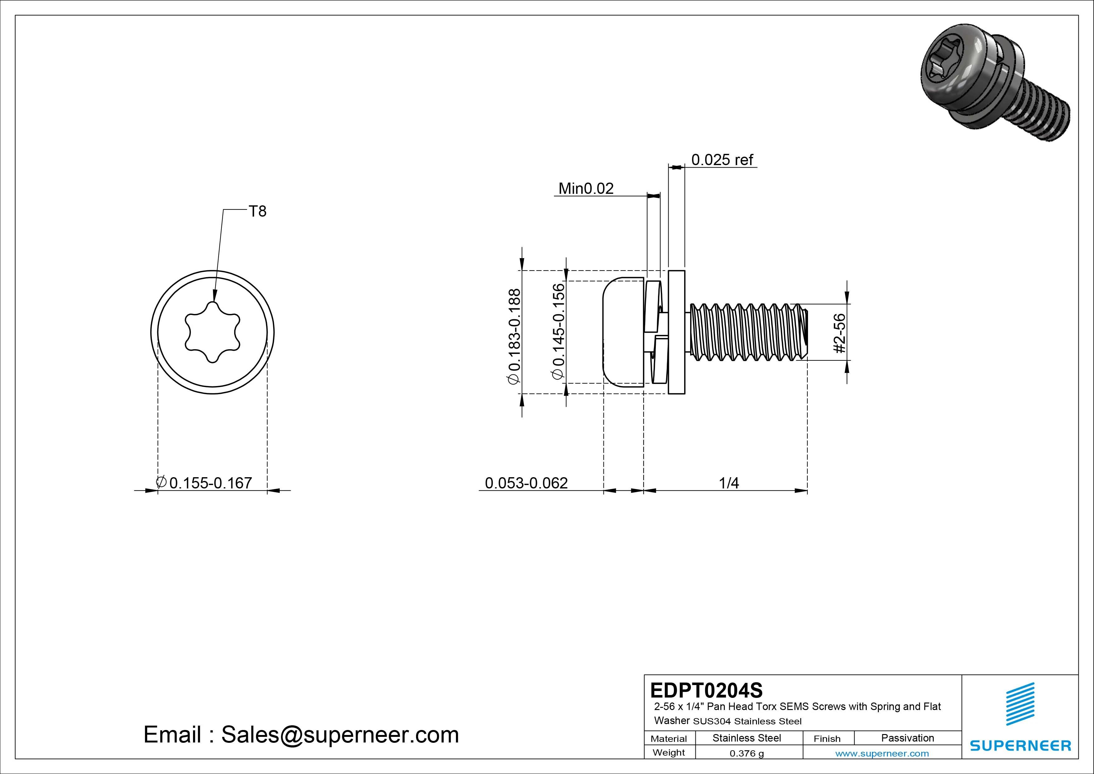 2-56 x 1/4" Pan Head Torx SEMS Screws with Spring and Flat Washer SUS304 Stainless Steel Inox