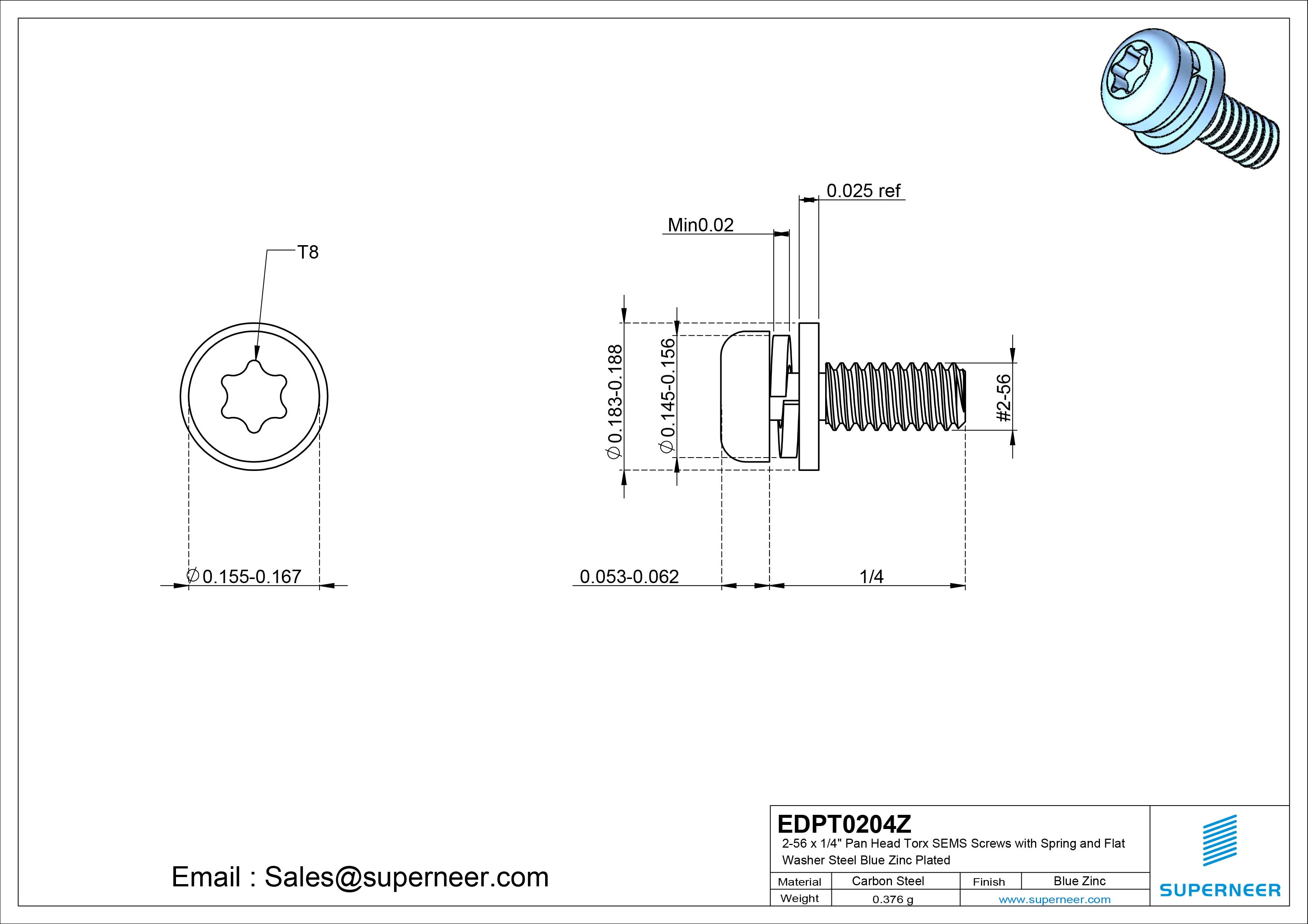 2-56 x 1/4" Pan Head Torx SEMS Screws with Spring and Flat Washer Steel Blue Zinc Plated