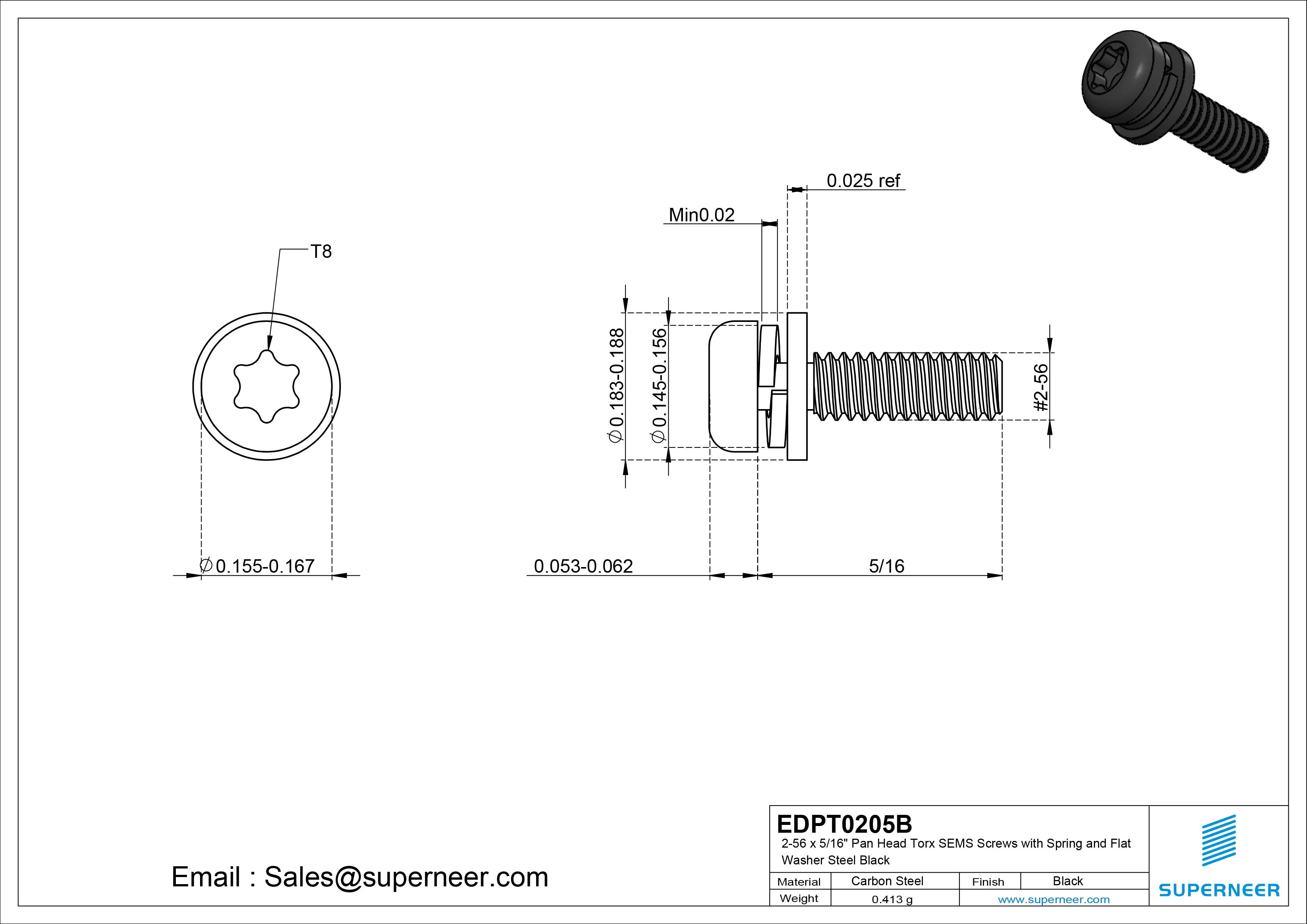 2-56 x 5/16" Pan Head Torx SEMS Screws with Spring and Flat Washer Steel Black