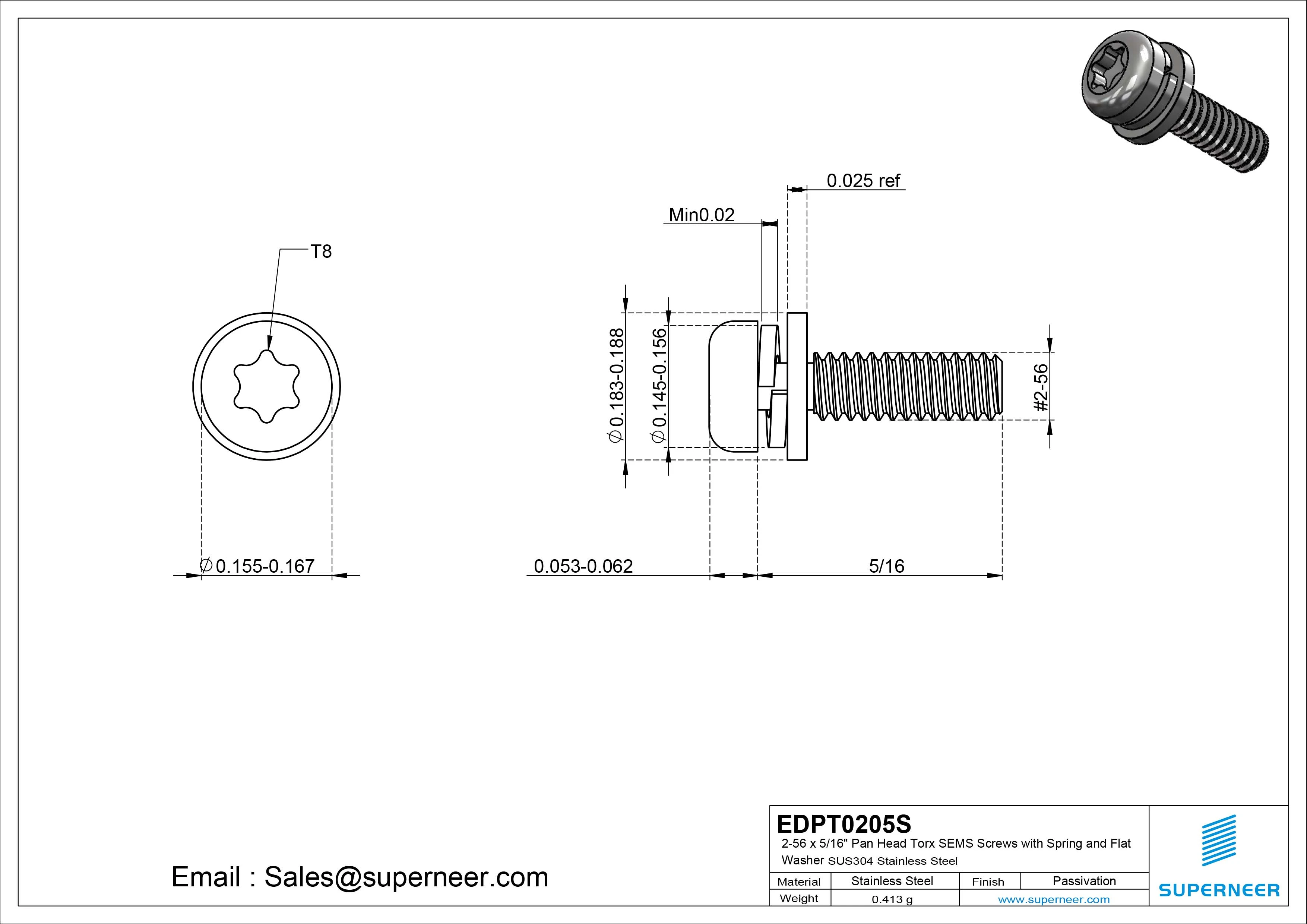 2-56 x 5/16" Pan Head Torx SEMS Screws with Spring and Flat Washer SUS304 Stainless Steel Inox