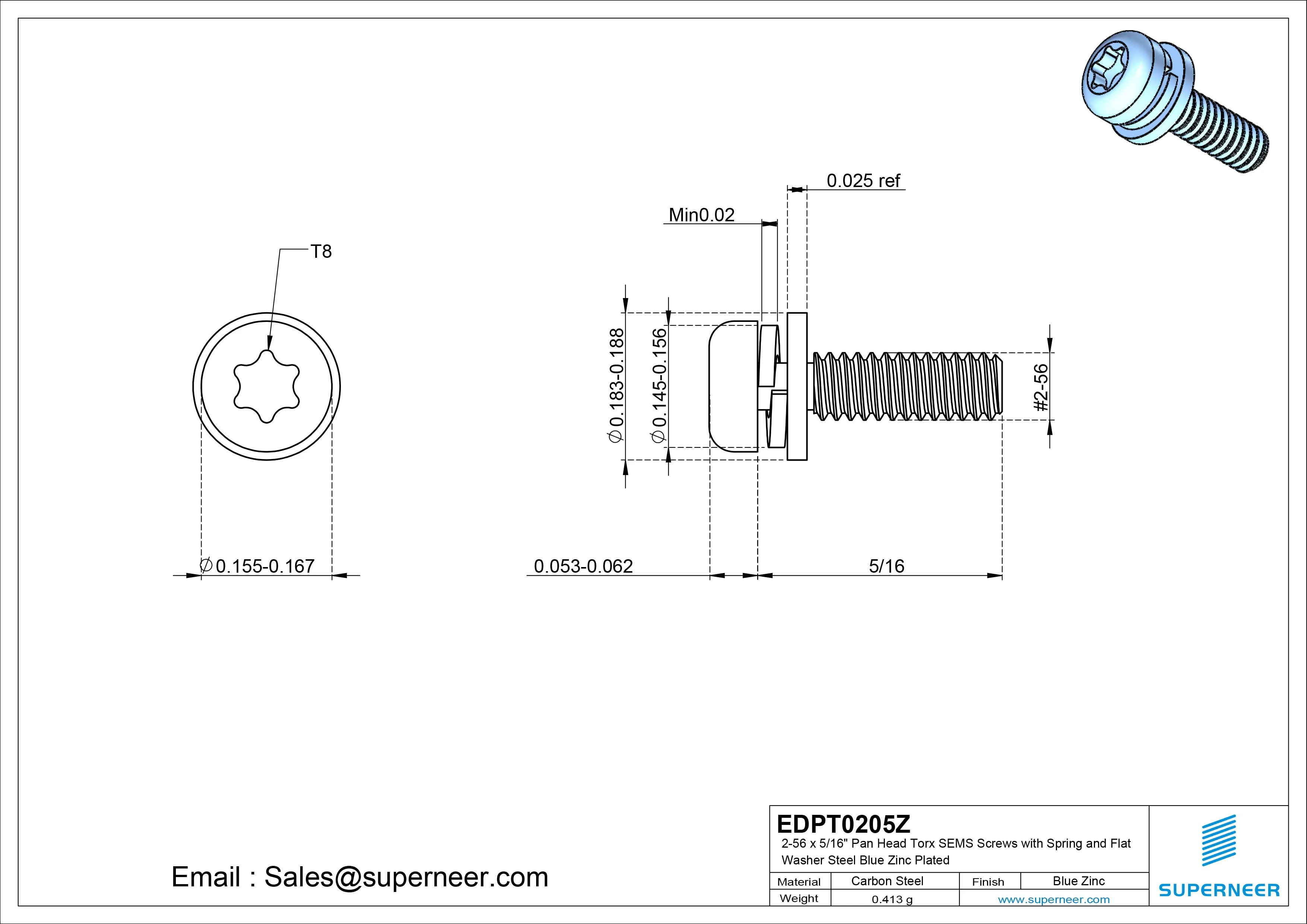 2-56 x 5/16" Pan Head Torx SEMS Screws with Spring and Flat Washer Steel Blue Zinc Plated