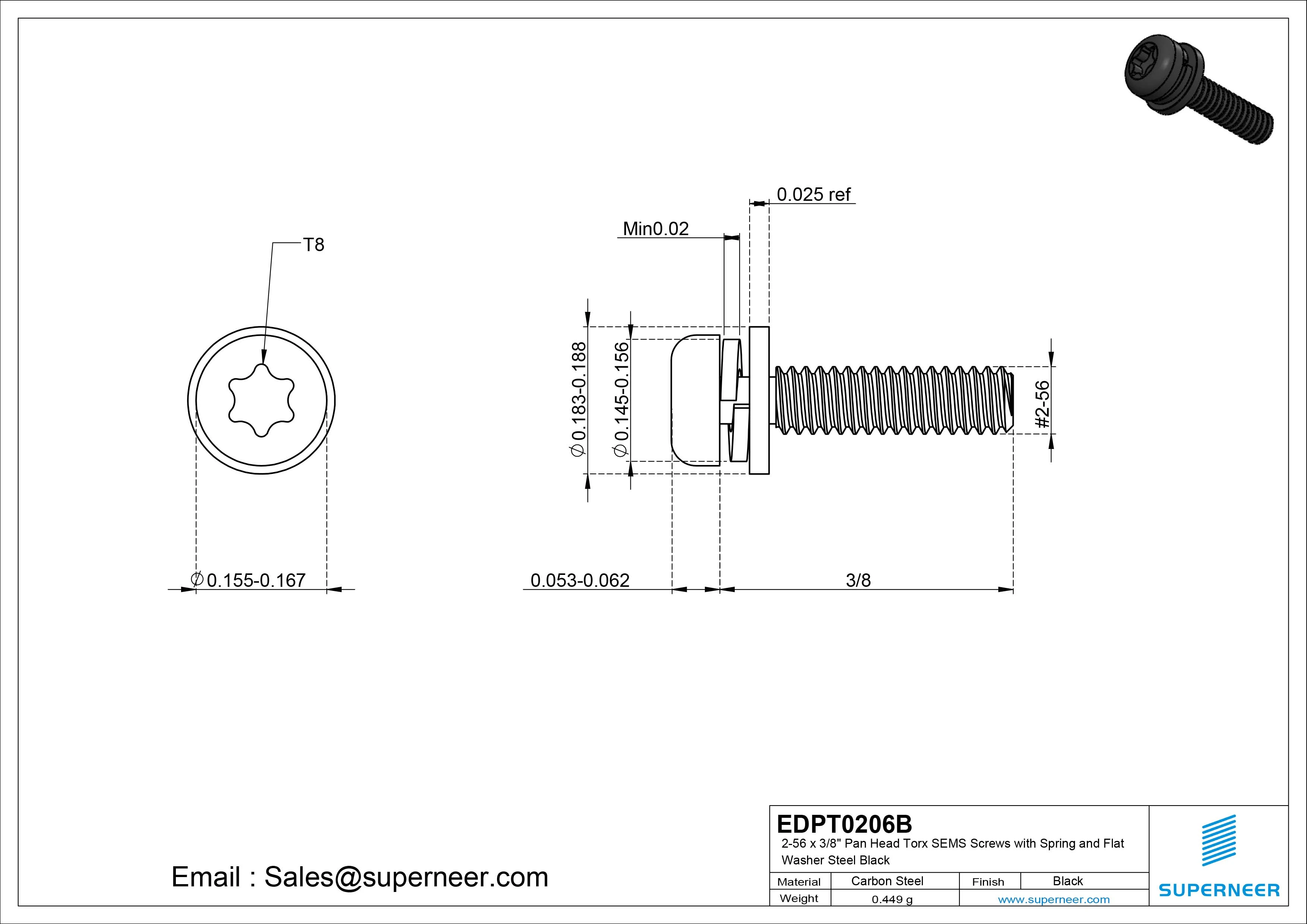 2-56 x 3/8" Pan Head Torx SEMS Screws with Spring and Flat Washer Steel Black