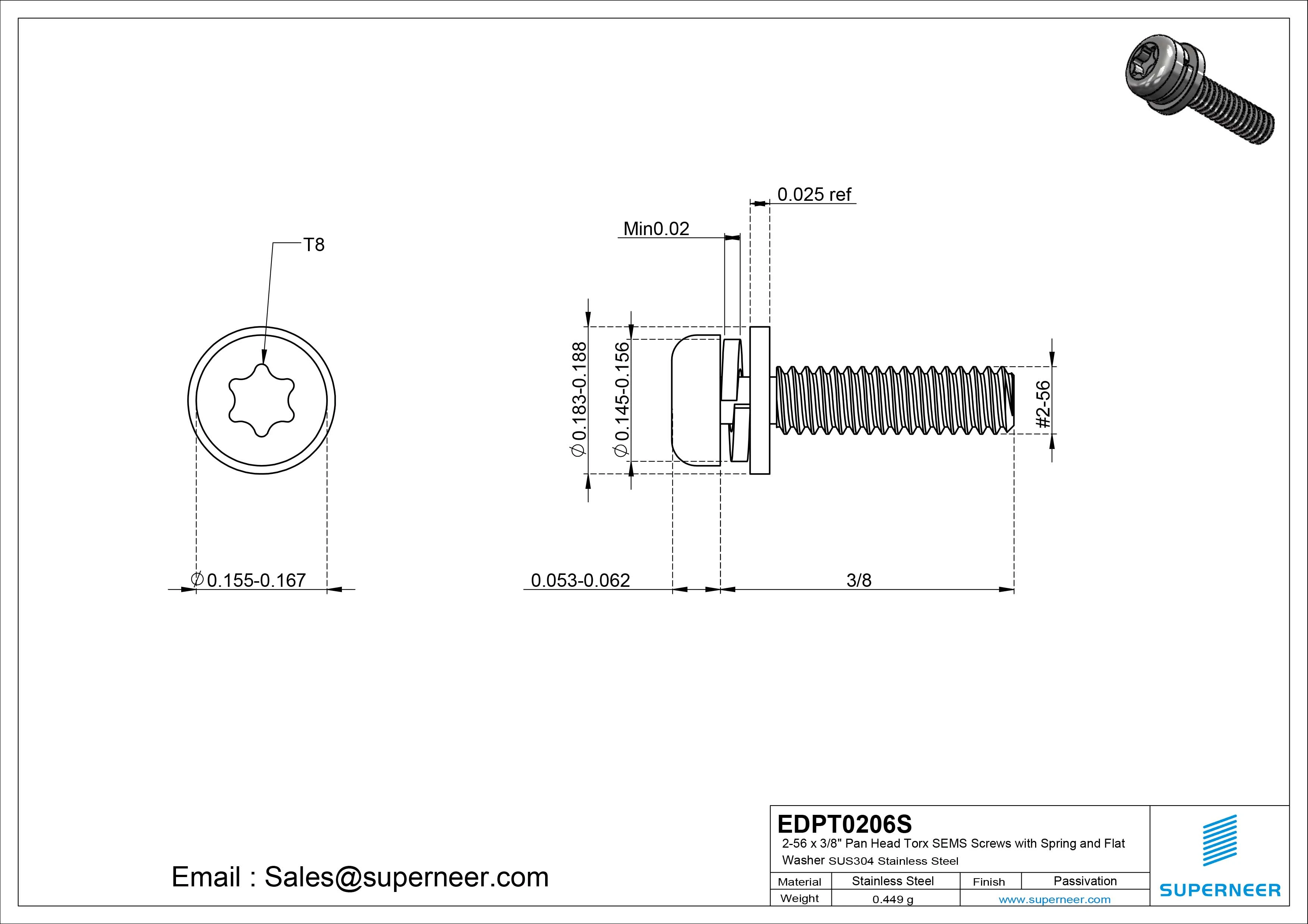 2-56 x 3/8" Pan Head Torx SEMS Screws with Spring and Flat Washer SUS304 Stainless Steel Inox