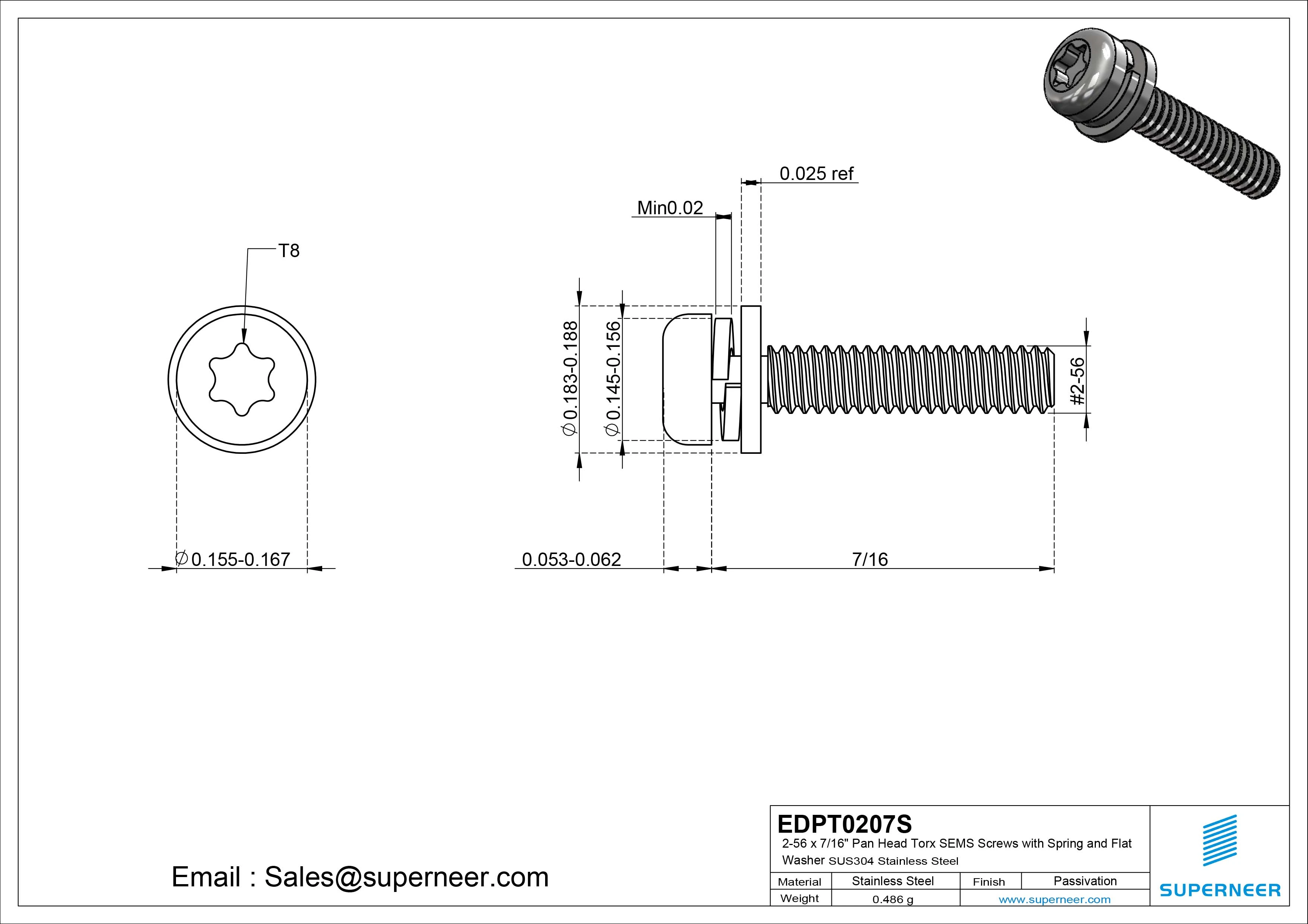 2-56 x 7/16" Pan Head Torx SEMS Screws with Spring and Flat Washer SUS304 Stainless Steel Inox