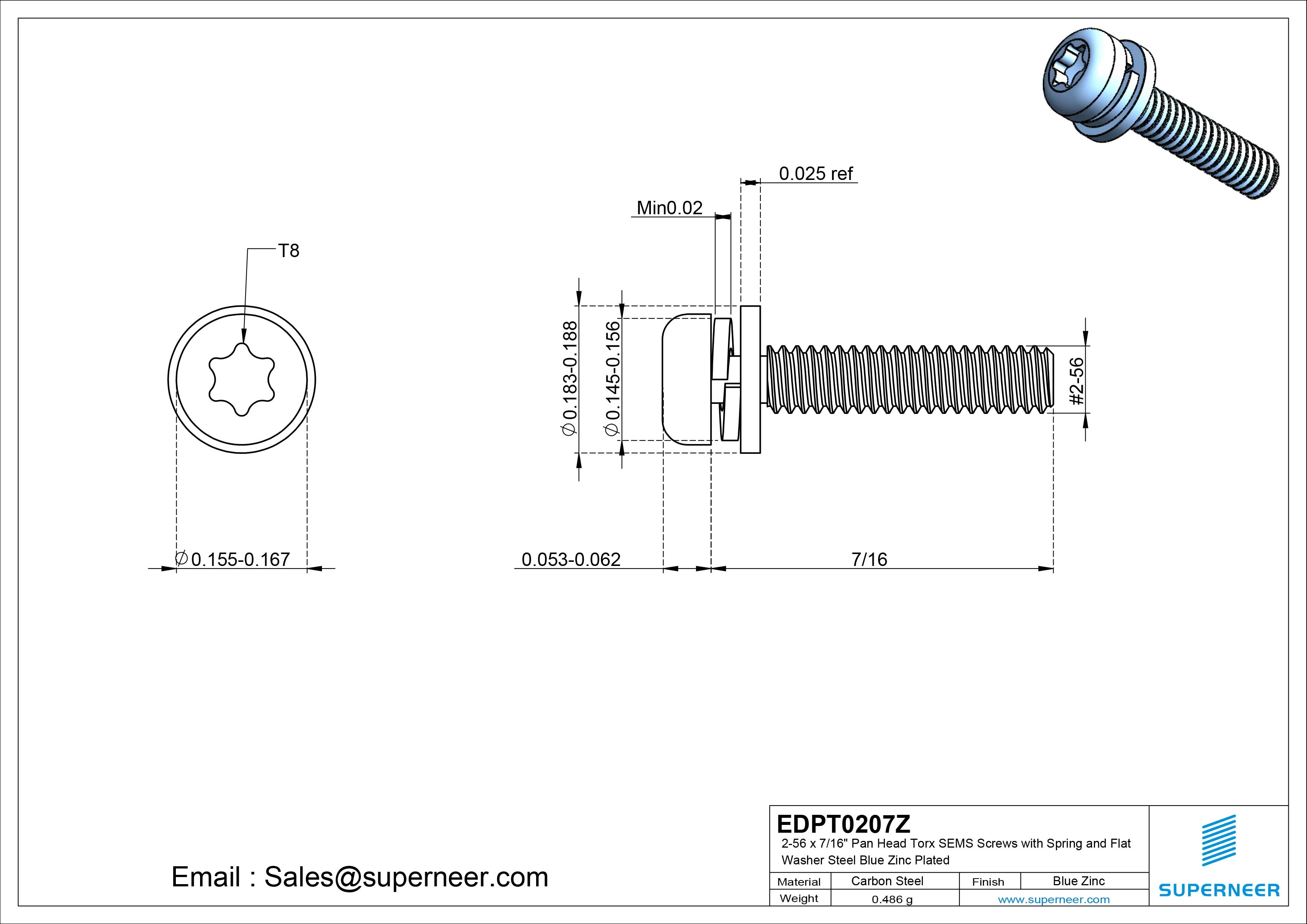 2-56 x 7/16" Pan Head Torx SEMS Screws with Spring and Flat Washer Steel Blue Zinc Plated
