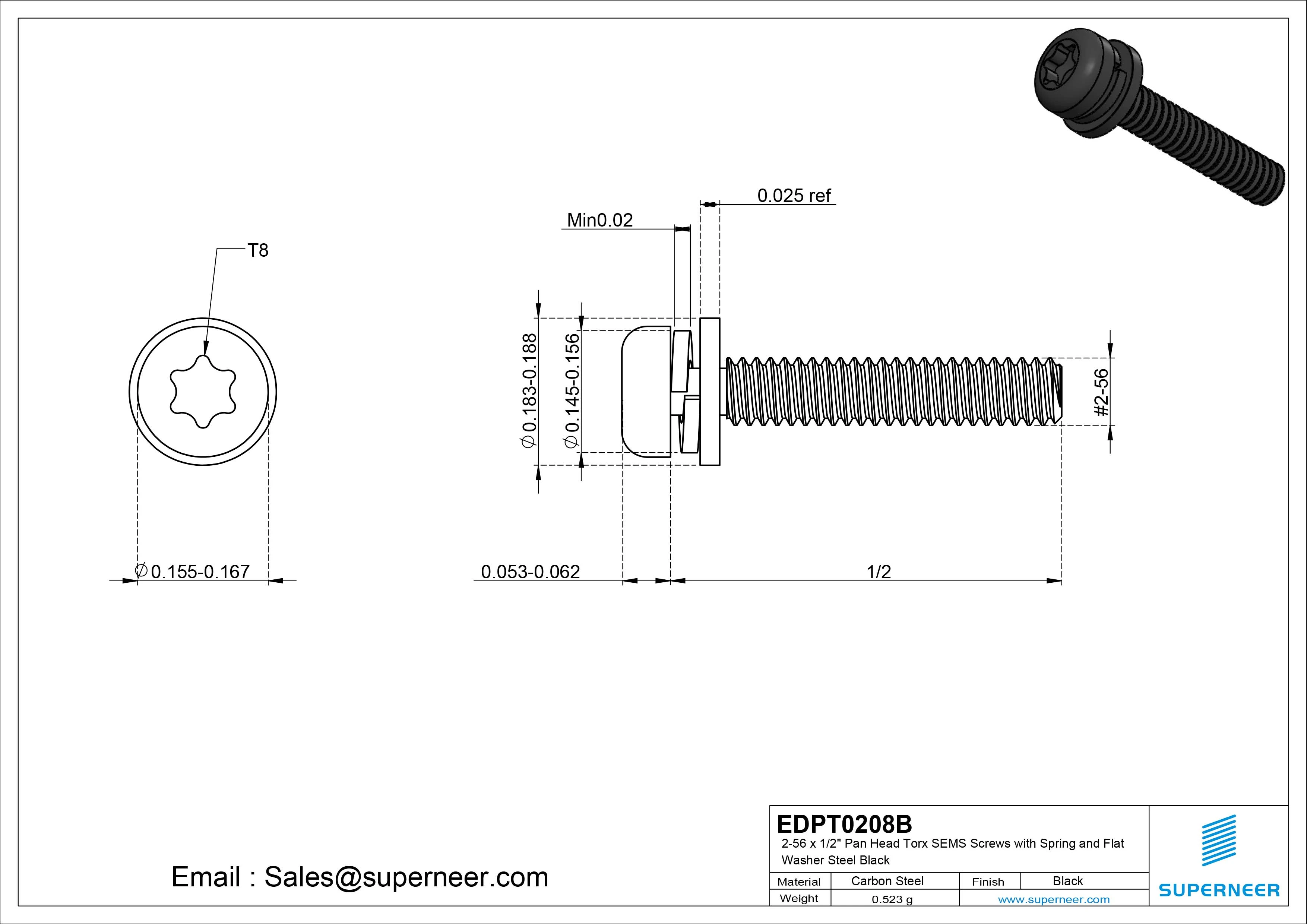 2-56 x 1/2" Pan Head Torx SEMS Screws with Spring and Flat Washer Steel Black