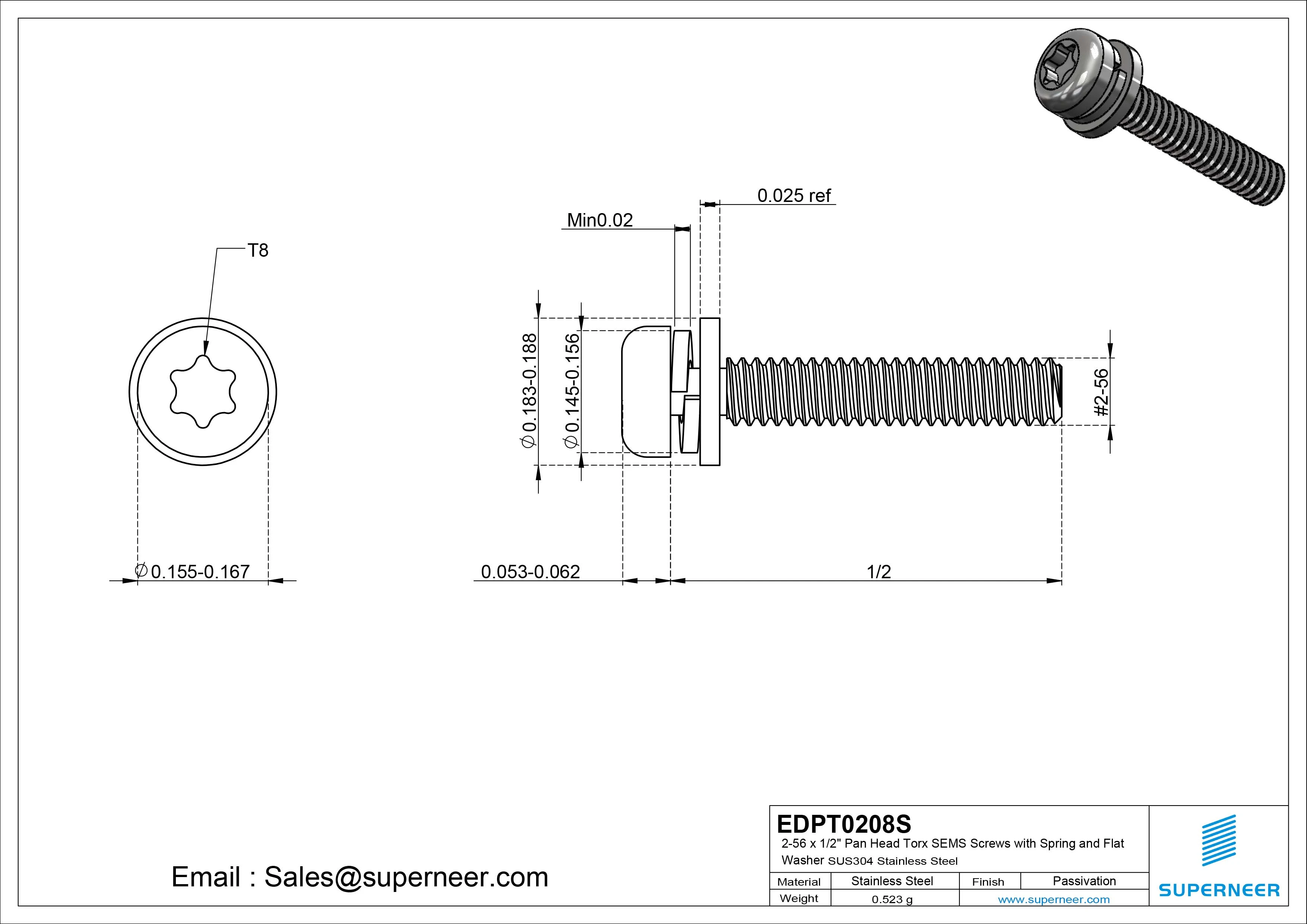 2-56 x 1/2" Pan Head Torx SEMS Screws with Spring and Flat Washer SUS304 Stainless Steel Inox