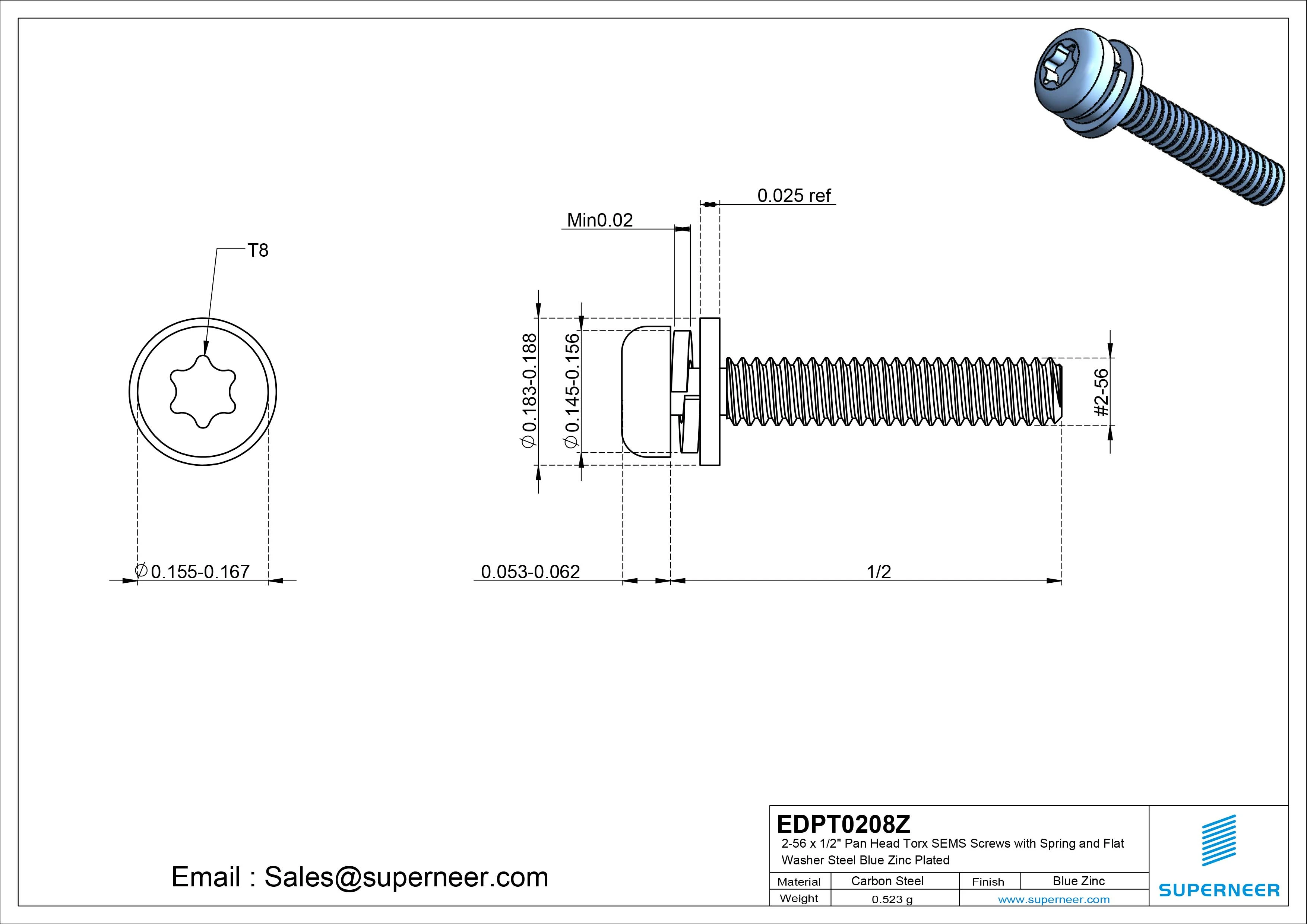 2-56 x 1/2" Pan Head Torx SEMS Screws with Spring and Flat Washer Steel Blue Zinc Plated